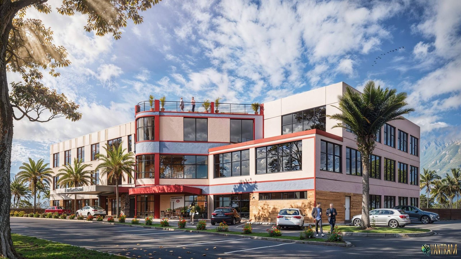 Contemporary Mixed-Use Commercial Building – 3D Exterior Visualization Modern three-story commercial building with red accent bands, large glass windows, rooftop terrace, palm trees, and street-level parking.