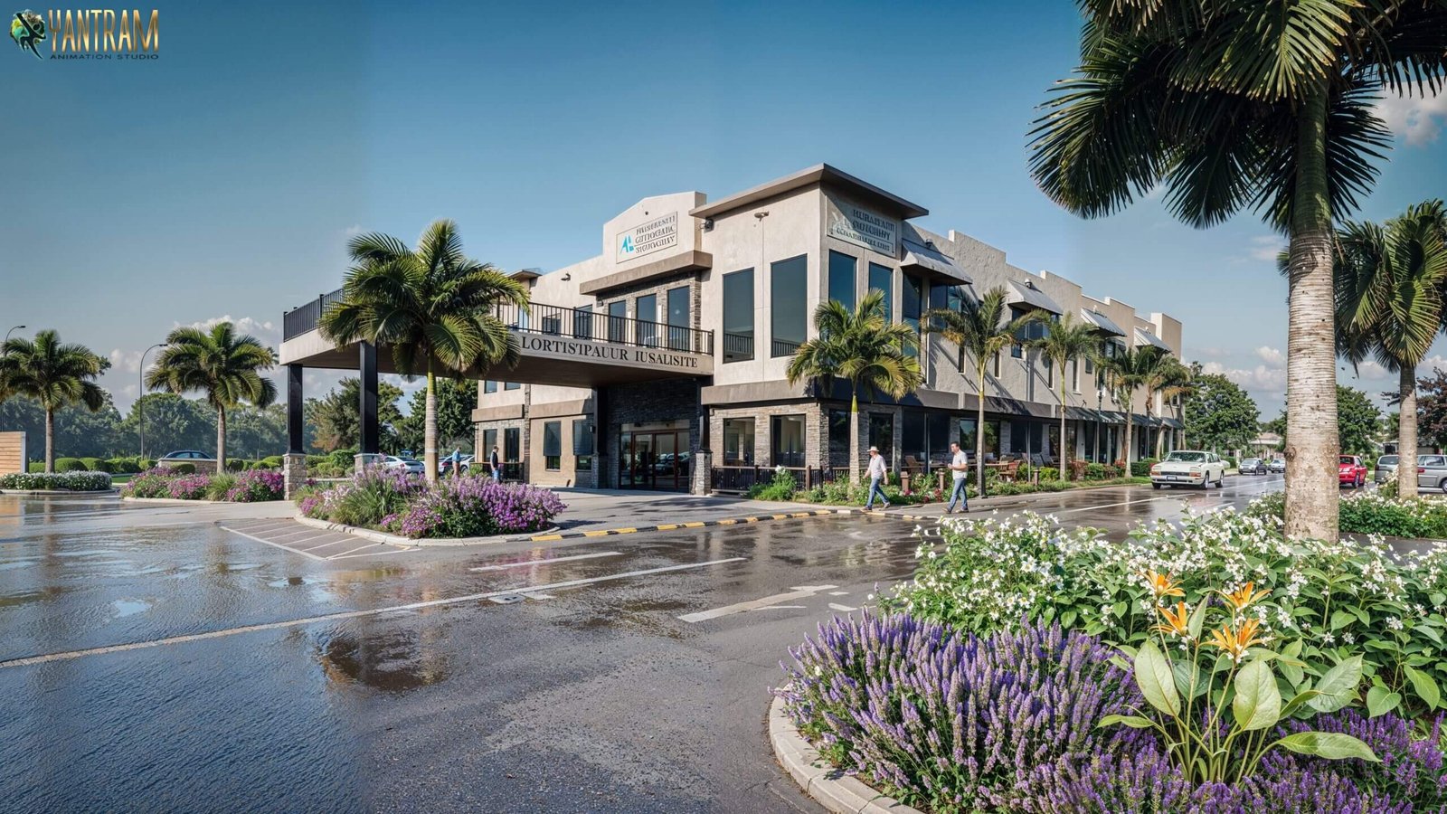 Modern commercial medical office building exterior with palm trees, landscaped flower beds, wet pavement reflections, and covered entrance drop-off area.