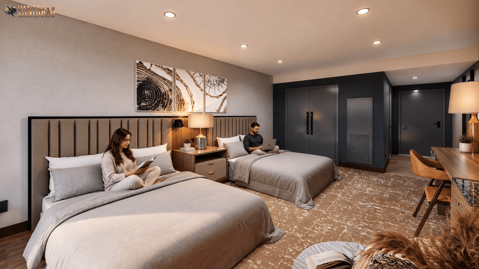 3D interior rendering of a modern hotel-style bedroom with two beds, upholstered headboards, bedside tables, and a workspace area. – 3D exterior rendering by Yantram Studio