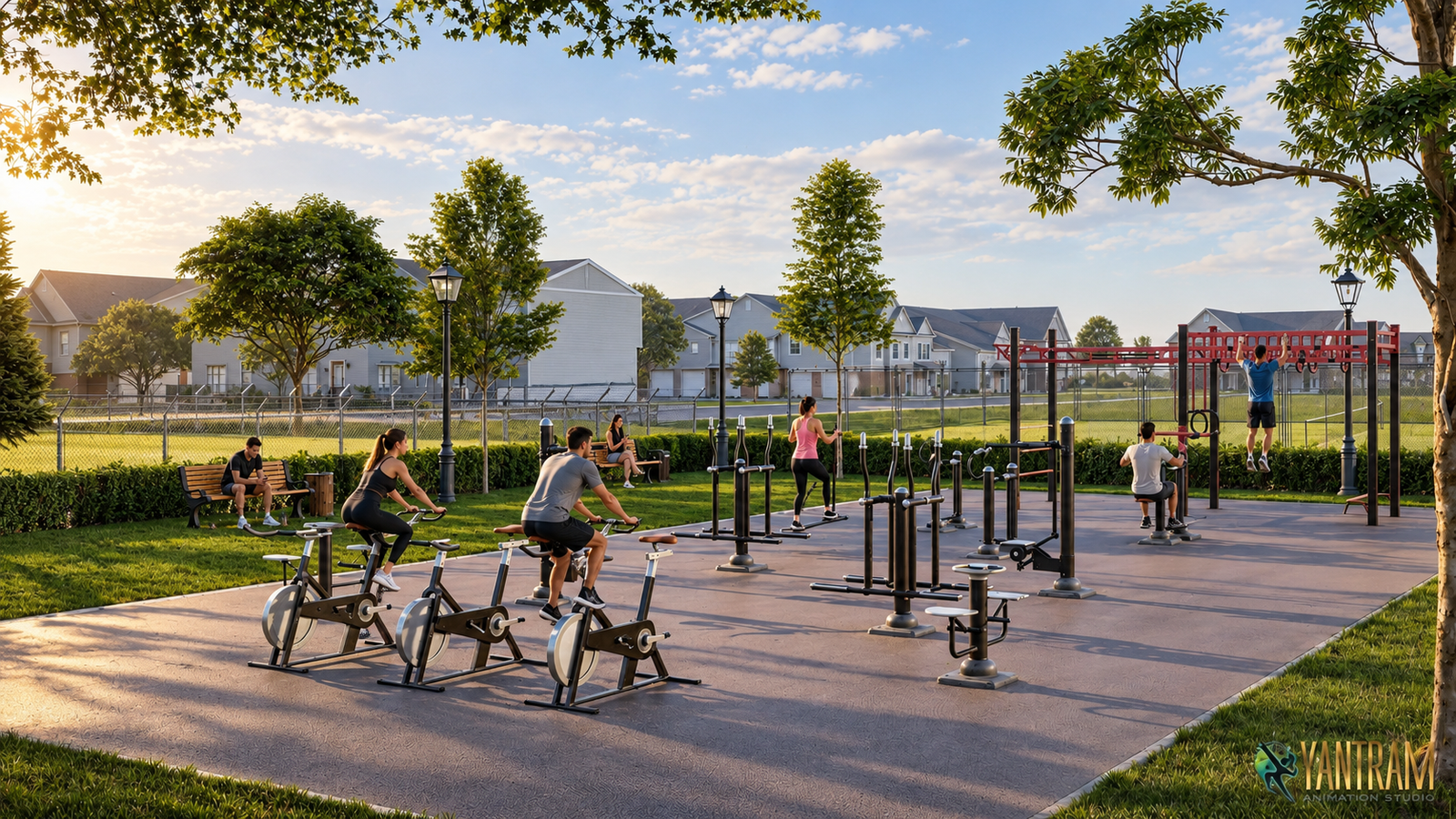 Outdoor community fitness park with stationary bikes, strength training equipment, pull-up bars, and landscaped seating area in a residential neighborhood. – 3D architectural visualization by Yantram Studio