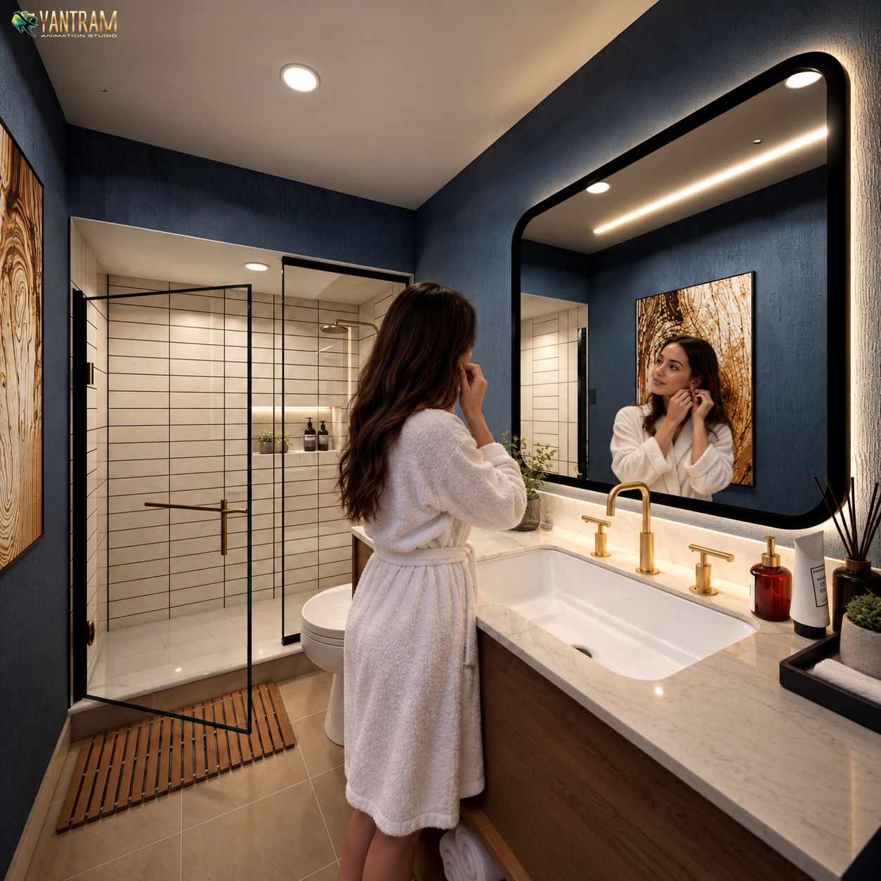 3D interior rendering of a modern bathroom with a double vanity, large illuminated mirror, glass shower enclosure, and contemporary fixtures. – 3D visualization by Yantram Studio