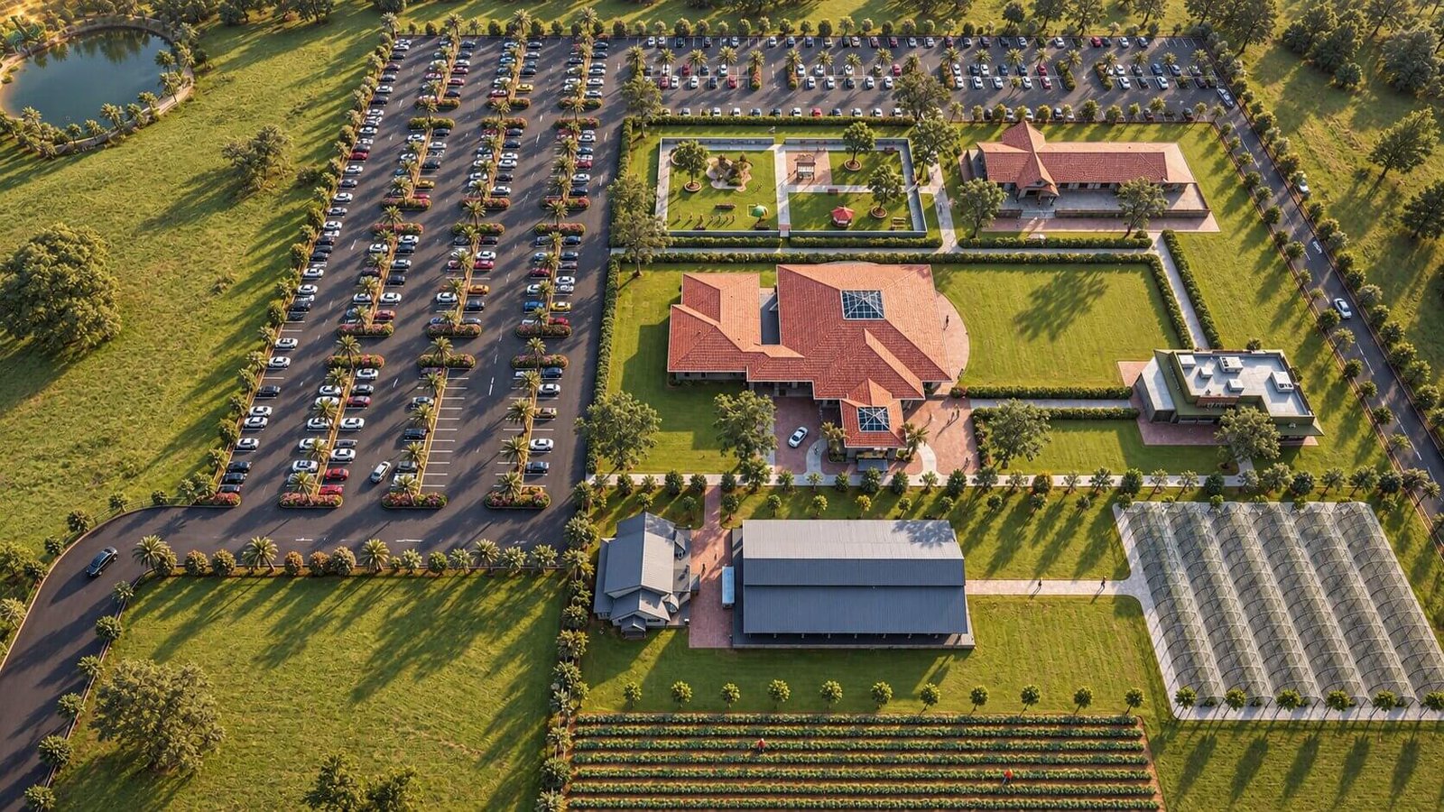 Top-down aerial view of a large master plan featuring a central building, landscaped gardens, parking lots, and surrounding greenery.