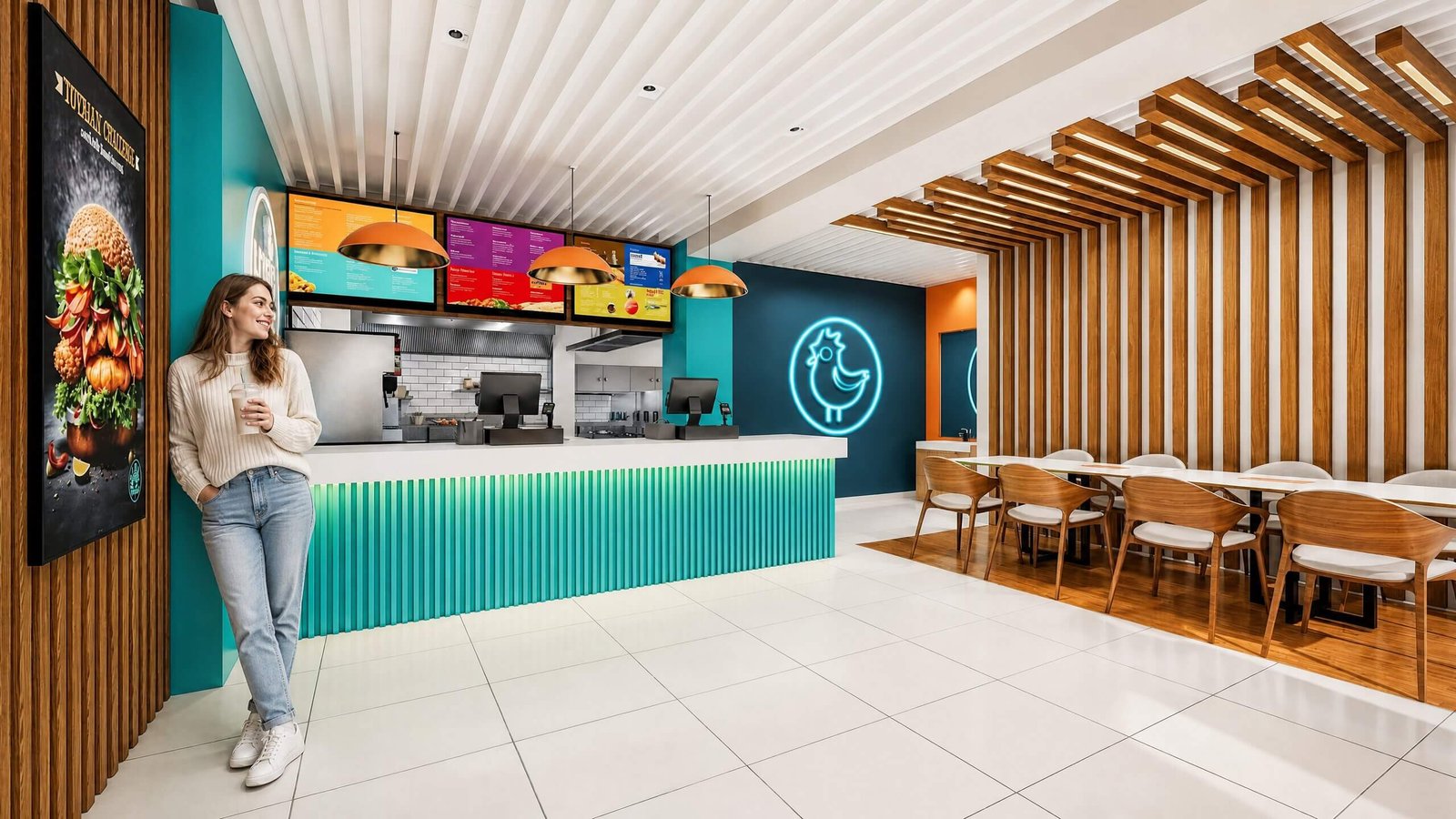 Contemporary restaurant interior 3D rendering with illuminated counter and dining seating area by Yantram Studio