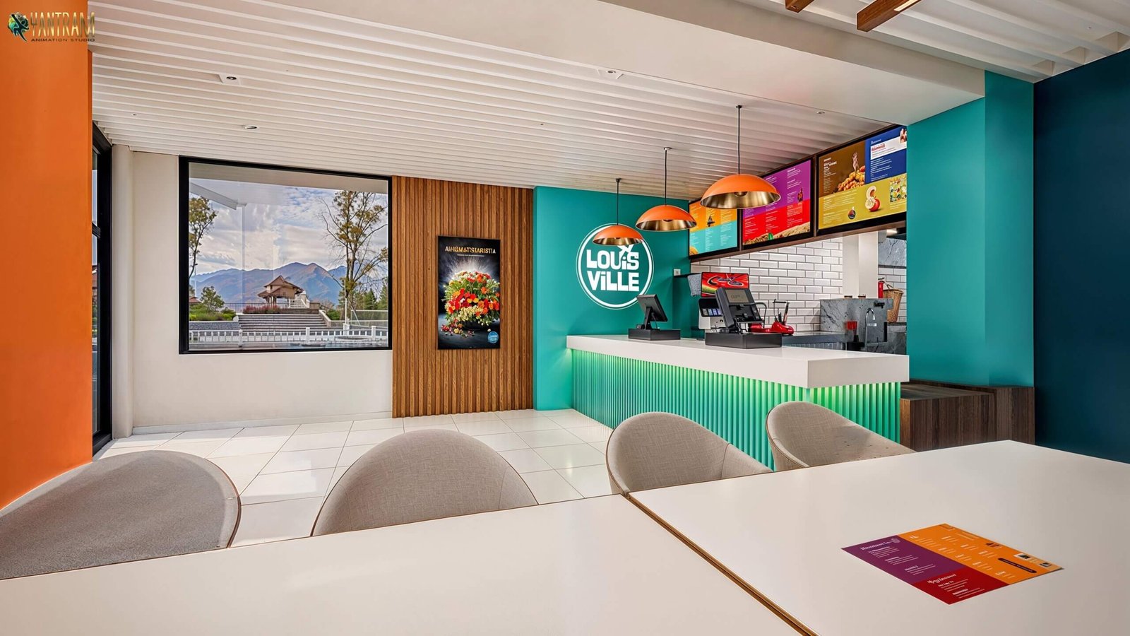 Photorealistic fast food restaurant interior featuring a branded service counter, colorful wall accents, digital menu boards, pendant lighting, wood paneling, and customer seating area.