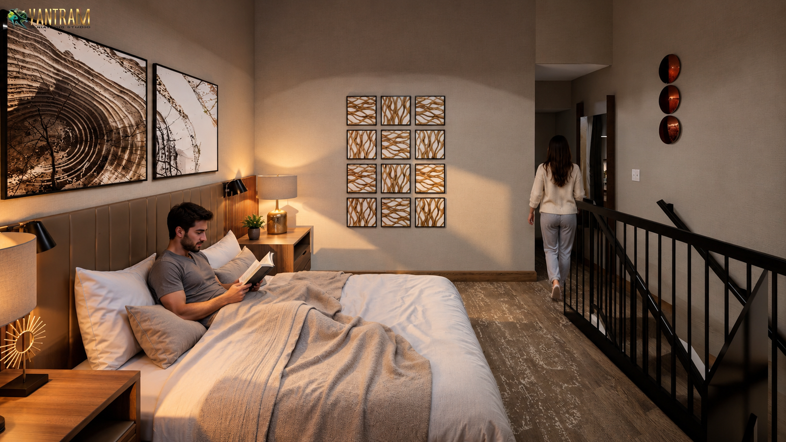 3D interior rendering of a modern loft bedroom with a large bed, wooden furniture, decorative wall art, and a railing overlooking the staircase. – 3D rendering by Yantram Studio