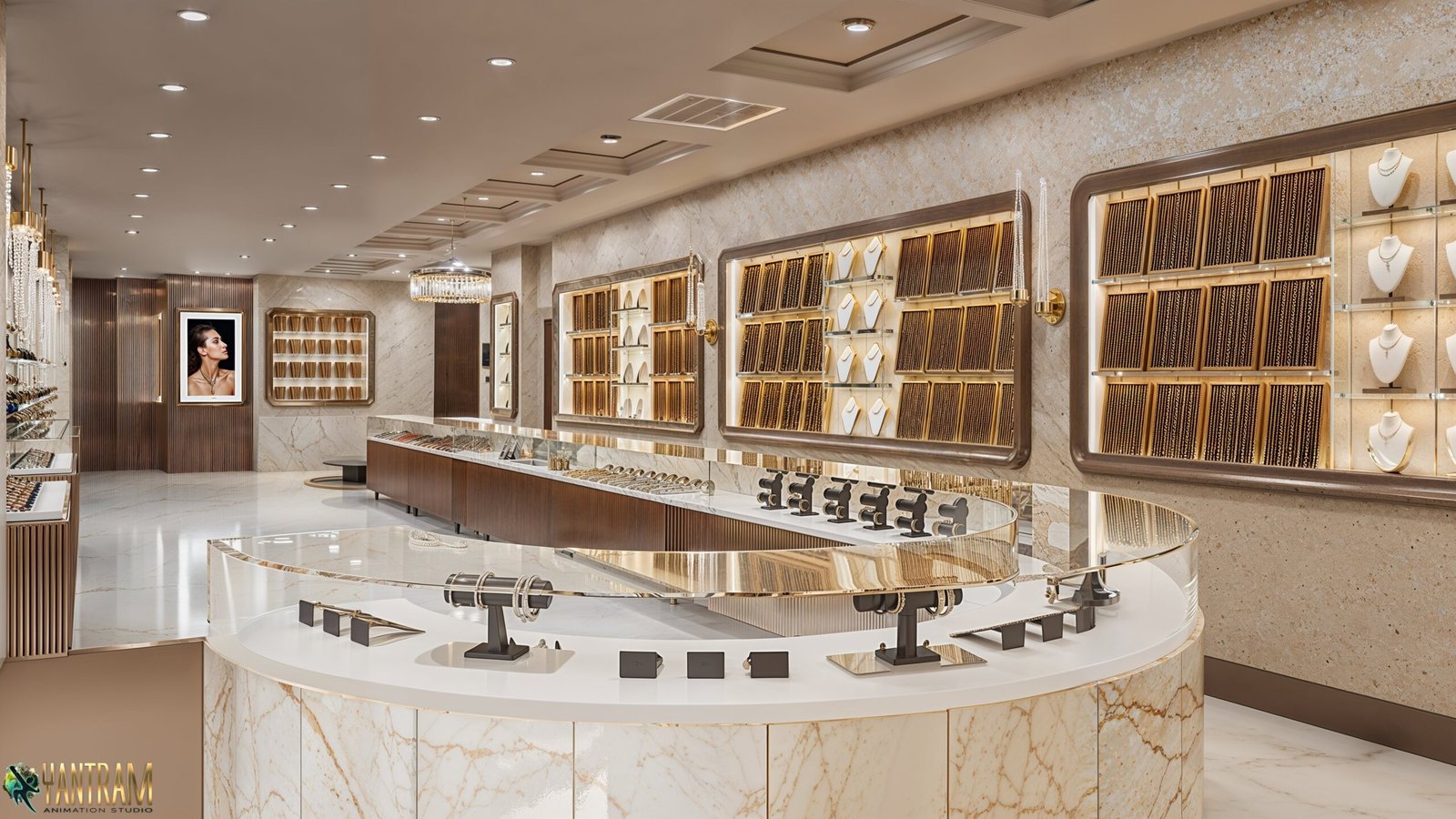 Luxury jewelry showroom interior with marble finishes, illuminated wall displays, glass counters, and elegant necklace showcases.