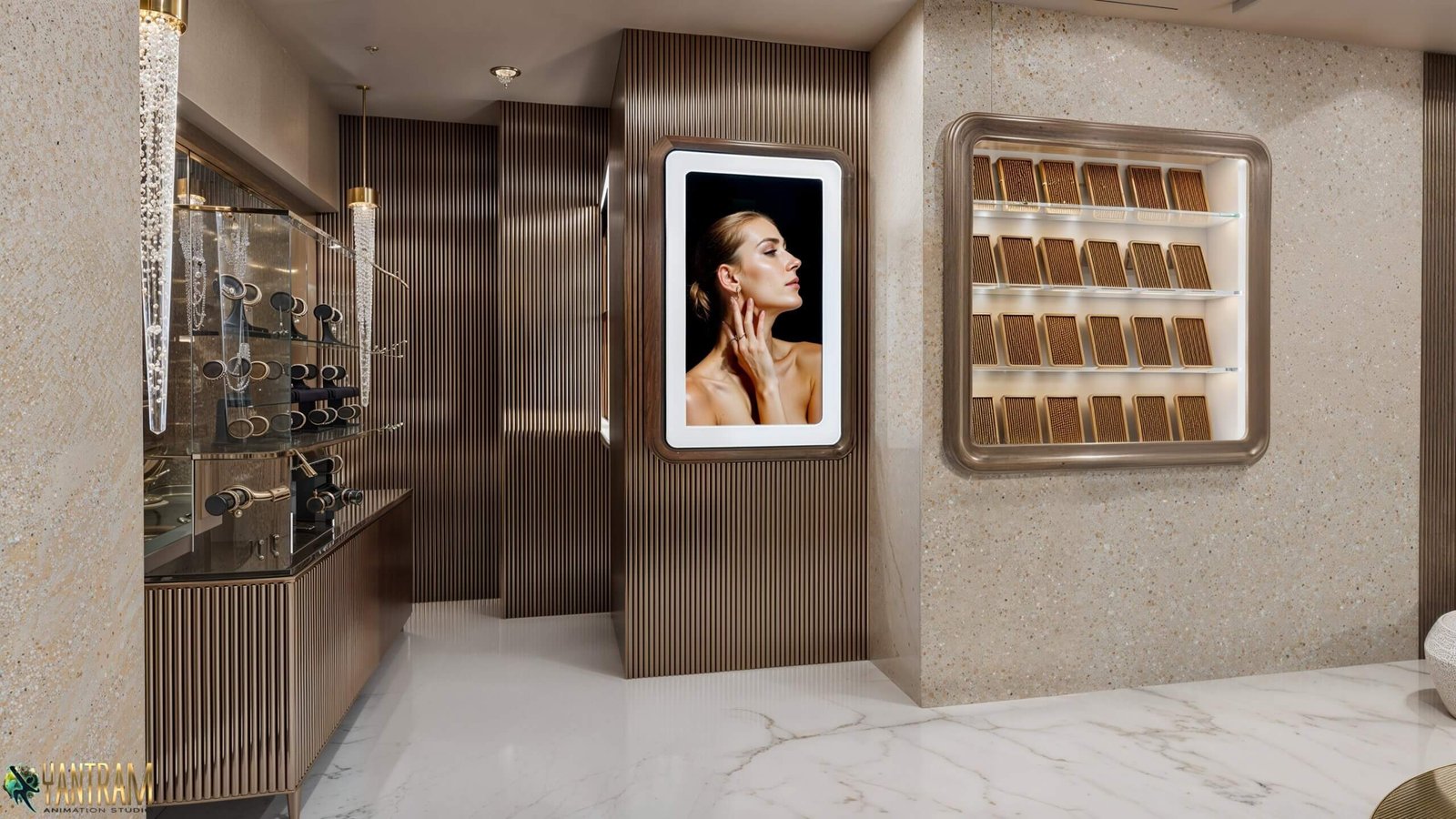 High-End Jewelry Boutique Interior Design Rendering Luxury jewelry boutique interior with marble walls, wooden panel accents, glass display cases, and illuminated necklace showcases.