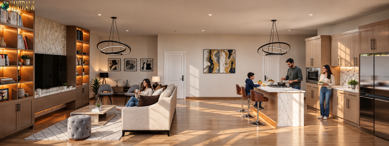 Luxury Open-Concept Living & Kitchen Interior – 3D Architectural Rendering Modern open-plan living room and kitchen interior with marble island, warm wooden flooring, built-in illuminated shelves, beige sectional sofa, and contemporary pendant lighting.