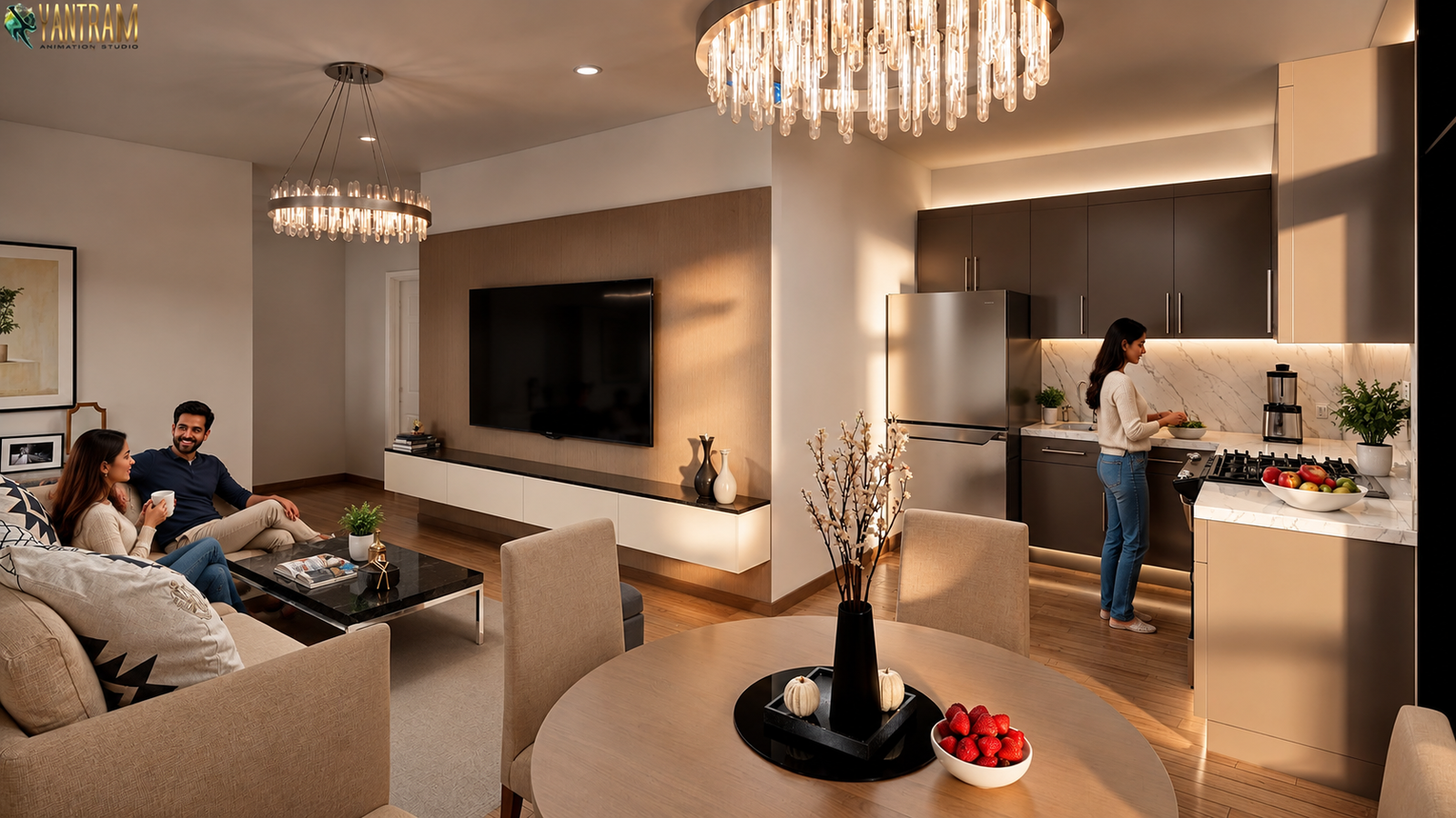 Elegant Contemporary Living Room & Kitchen Interior Design Modern open-plan living and kitchen interior with beige sofas, round dining table, chandelier lighting, and sleek contemporary cabinetry.