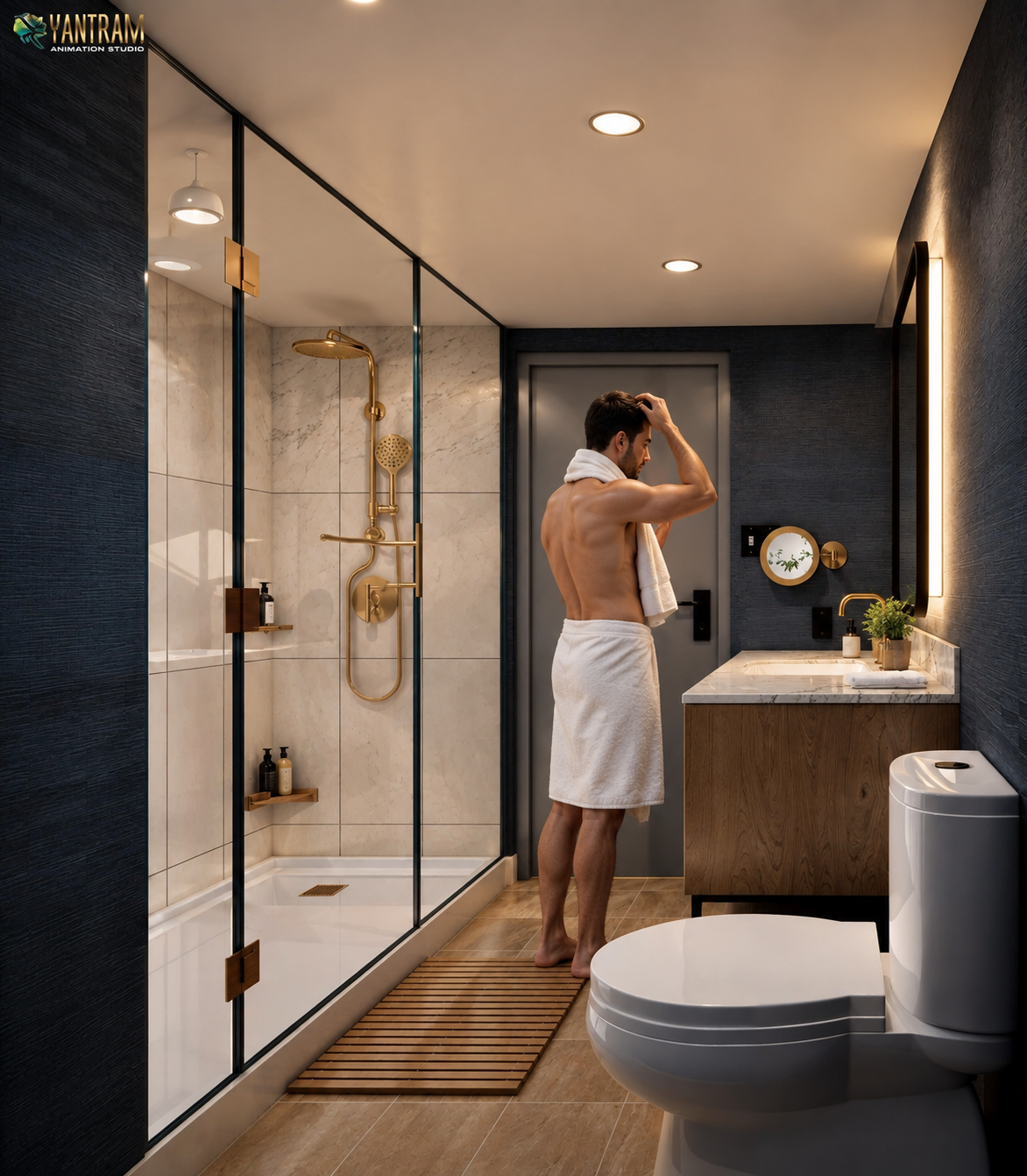 3D interior rendering of a modern bathroom with a glass shower enclosure, gold shower fixtures, wooden vanity, and minimalist contemporary design. – 3D architectural visualization by Yantram Studio