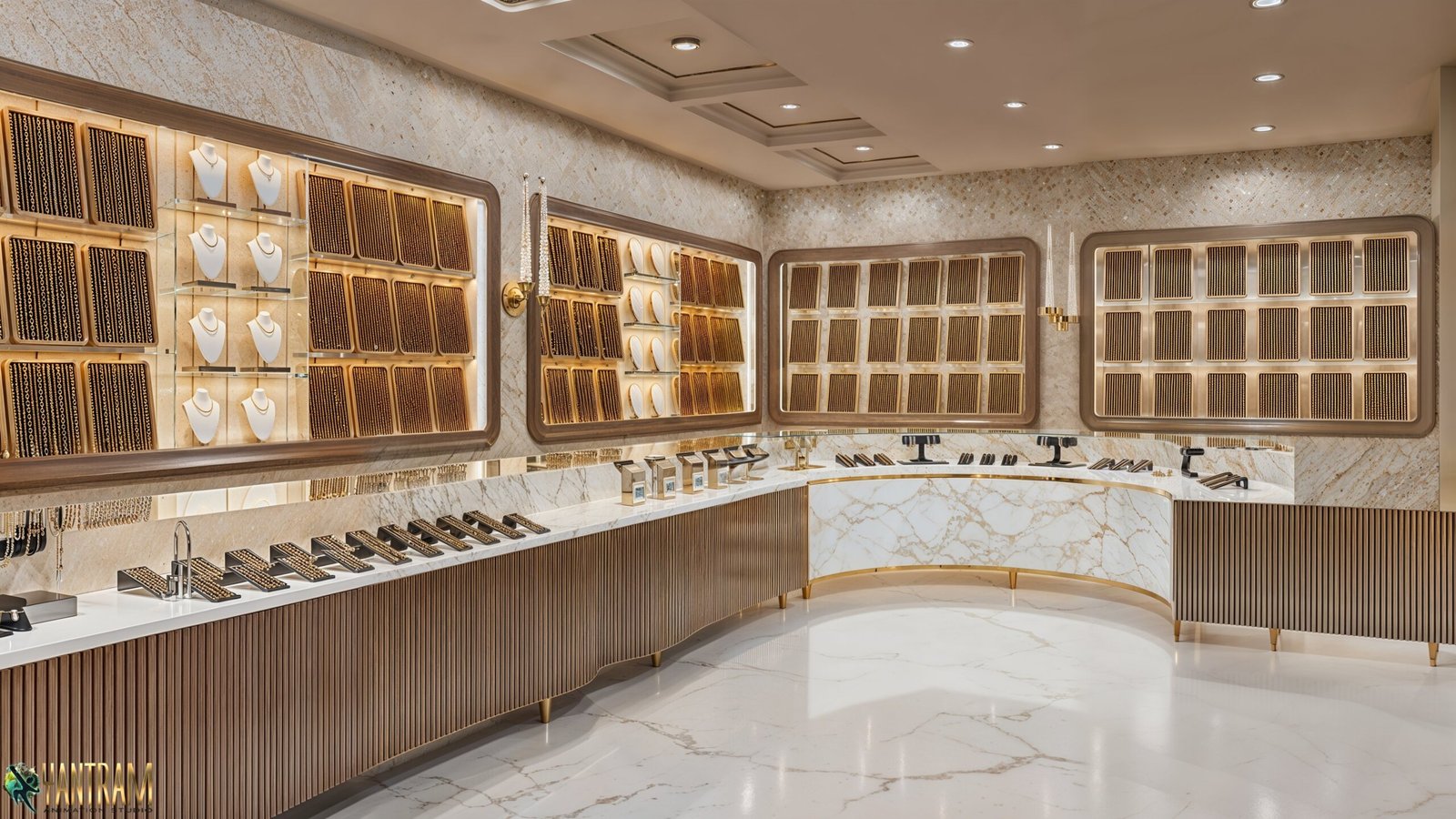 Premium Jewelry Retail Interior Design with Elegant Display Systems Luxury jewelry showroom interior with illuminated wall-mounted necklace displays, marble flooring, and curved glass display counters.