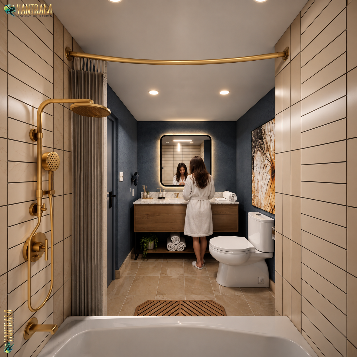 3D interior rendering of a modern bathroom with gold shower fixtures, bathtub, wooden vanity, illuminated mirror, and contemporary tile design. – 3D architectural visualization by Yantram Studio