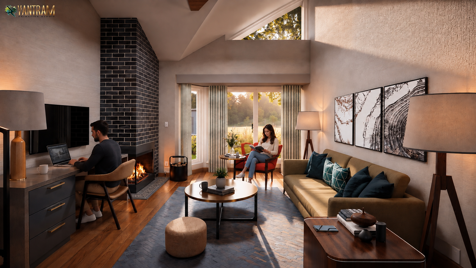 3D interior rendering of a modern living room with a brick fireplace, large windows, cozy sofa seating, and contemporary furniture design – 3D visualization by Yantram Studio.