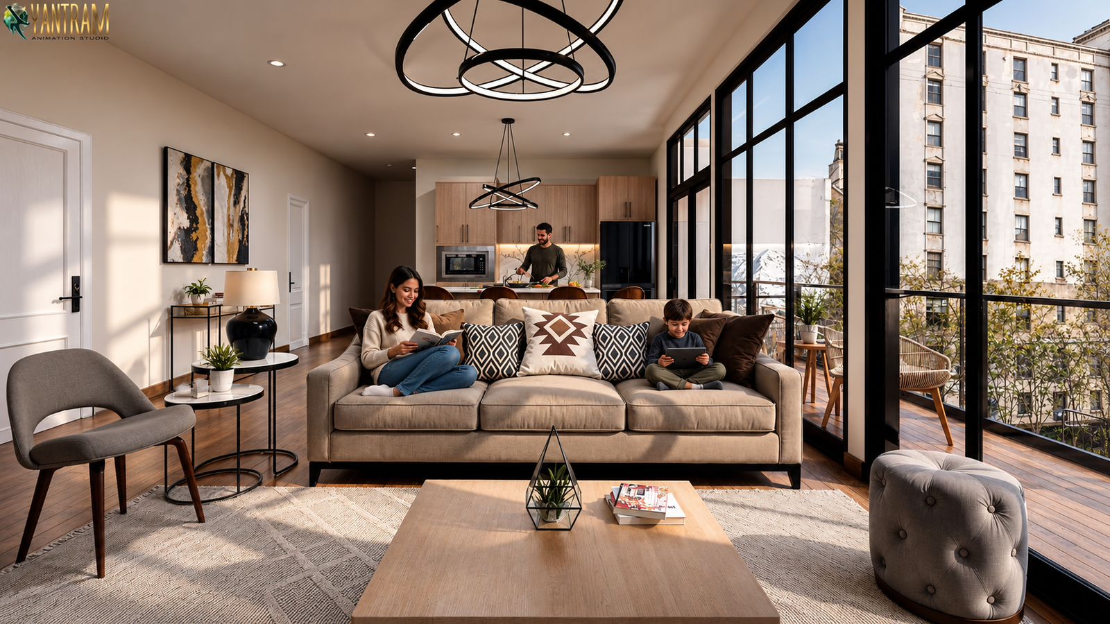 Modern apartment living room with beige sofa, wooden coffee table, open kitchen layout, and large floor-to-ceiling windows with city view.