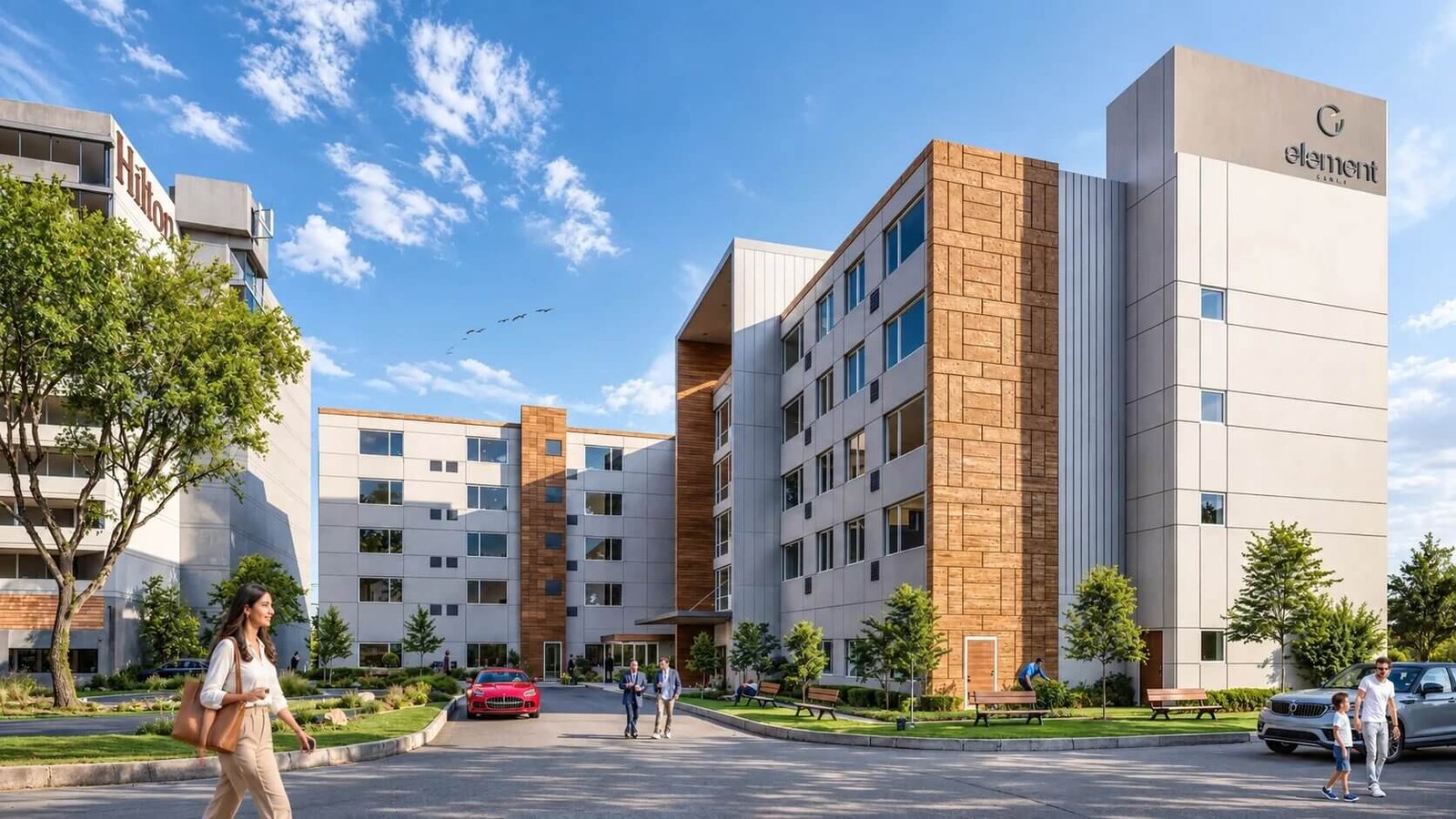 Contemporary multi-building hospital complex with landscaped entrance, glass façade, and modern healthcare architecture design.– 3D rendering by Yantram Studio