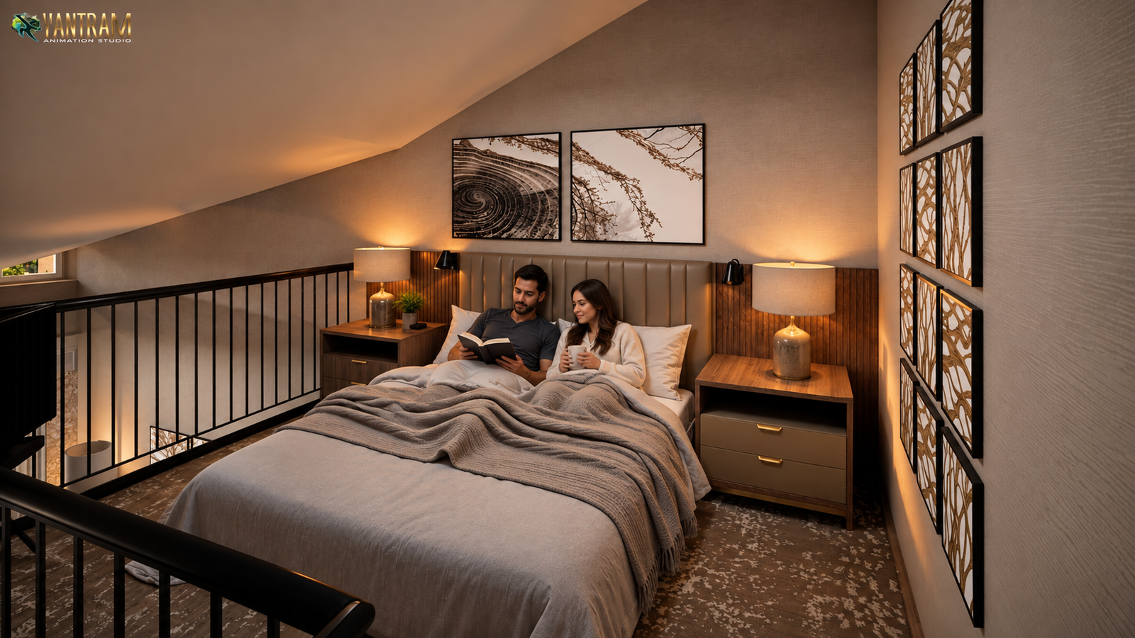 3D interior rendering of a modern loft bedroom with a large bed, bedside lamps, framed wall art, and a railing overlooking the lower level – 3D architectural visualization by Yantram Studio
