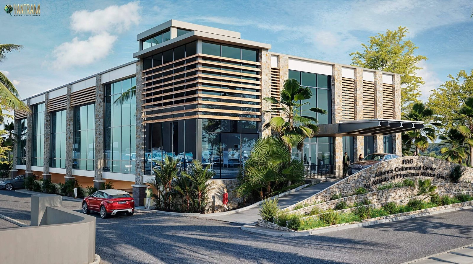 Modern Commercial Office Building – 3D Exterior Architectural Rendering Contemporary commercial office building with glass façade, stone cladding, horizontal sun-shade louvers, landscaped entrance, and driveway access.