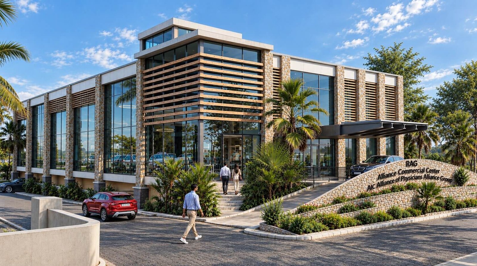 A modern healthcare building with glass facade and landscaping. — 3D Architectural Animation Walkthrough