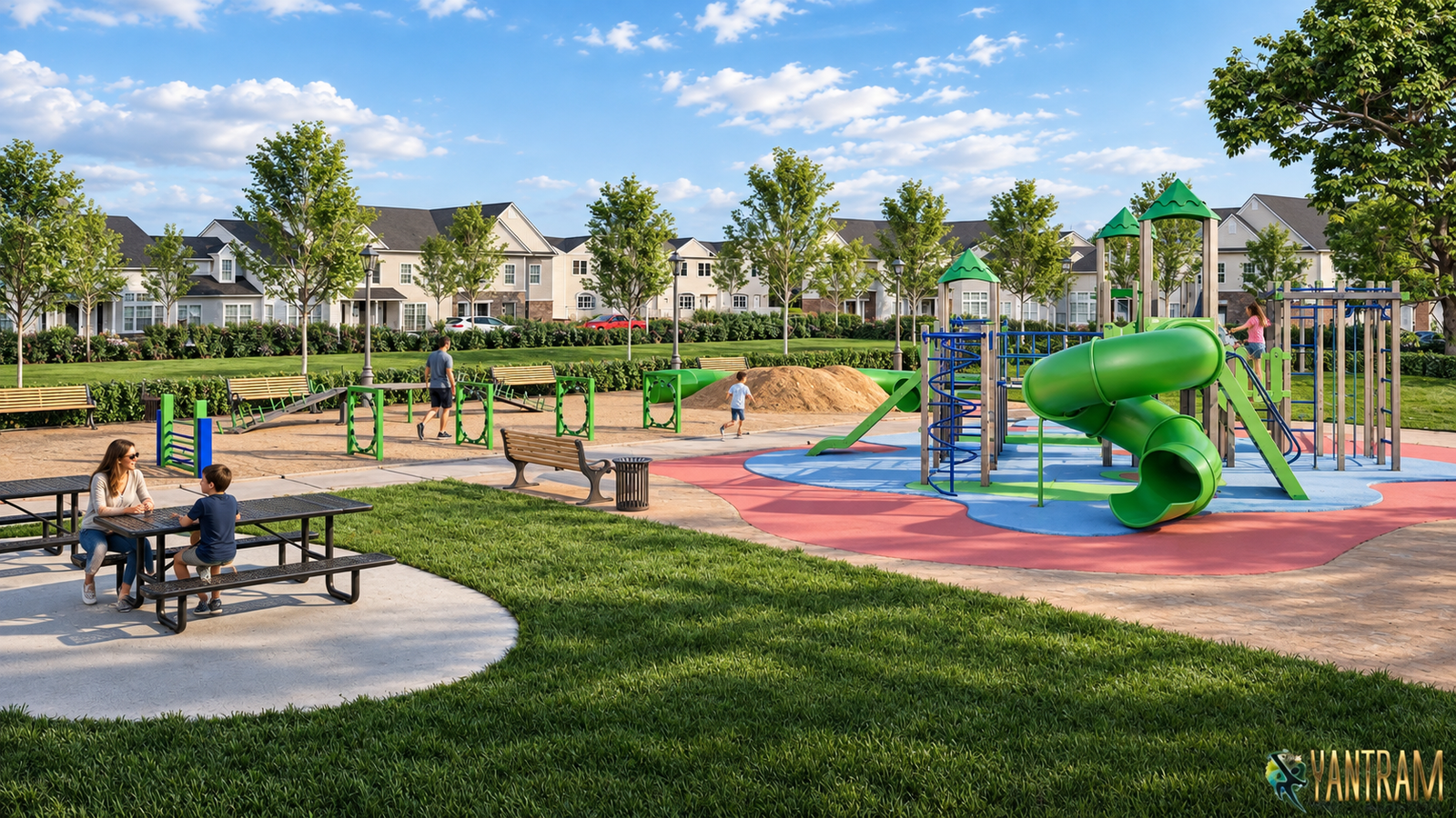 Modern residential community playground with green slide structure, climbing frames, benches, picnic tables, and landscaped park surroundings.