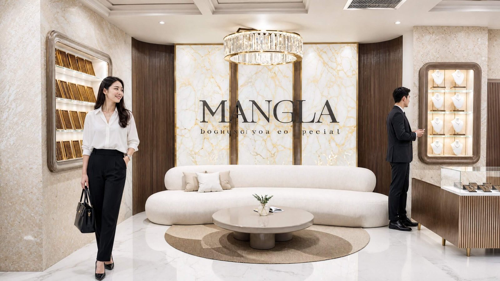 Elegant Jewelry Showroom Lounge Interior Design Luxury jewelry showroom lounge area with marble walls, chandelier lighting, white curved sofa, and branded feature wall.
