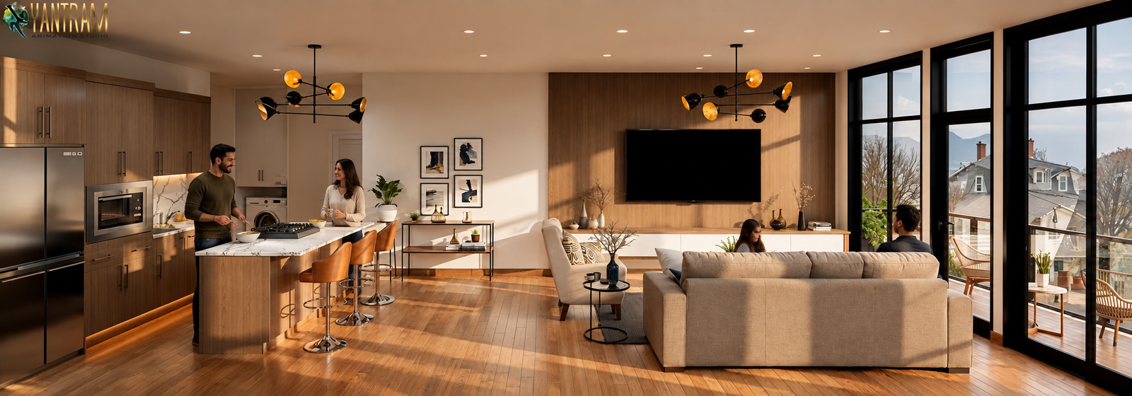 Modern open-concept living room and kitchen interior with wooden flooring, island seating, pendant lighting, and large glass windows.