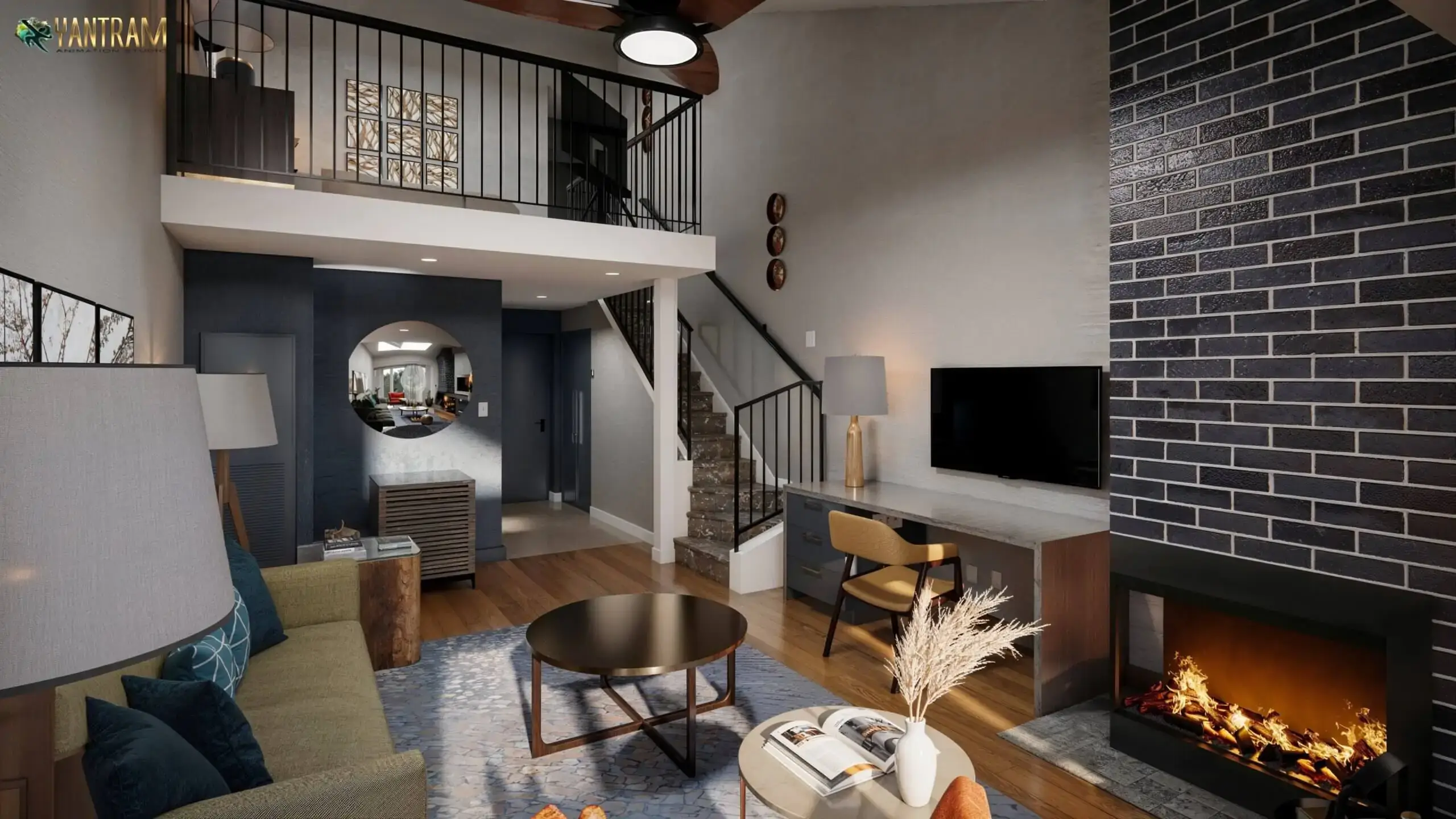 Modern loft-style living room interior with mezzanine level, staircase, fireplace, and contemporary furniture design. 