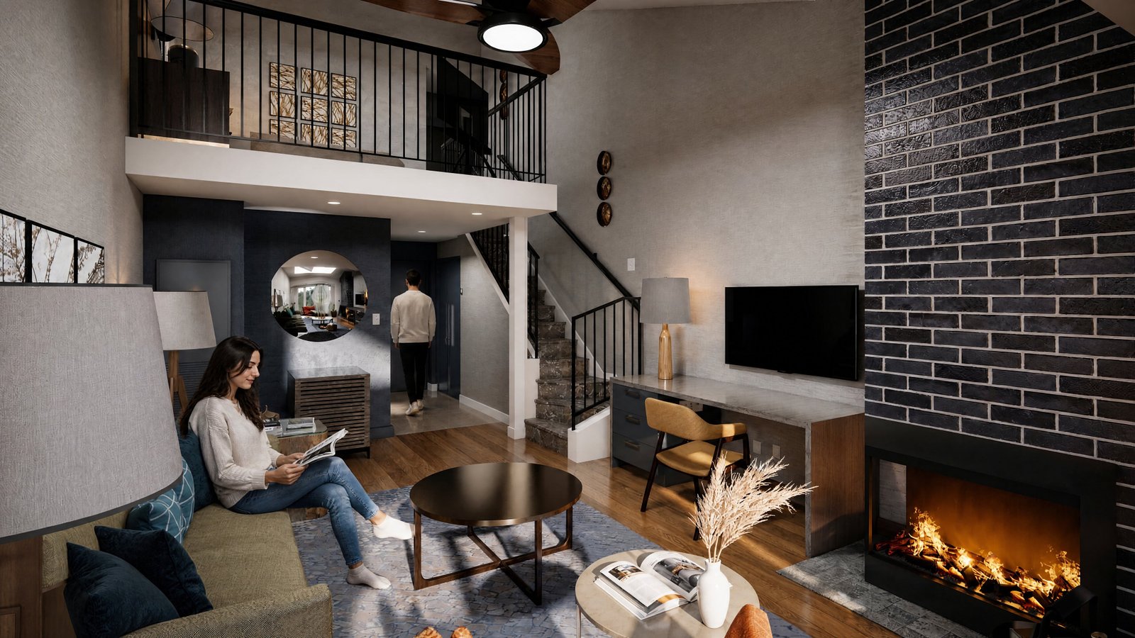 Double height living room with mezzanine loft and brick fireplace — Modern Home Interior Design
