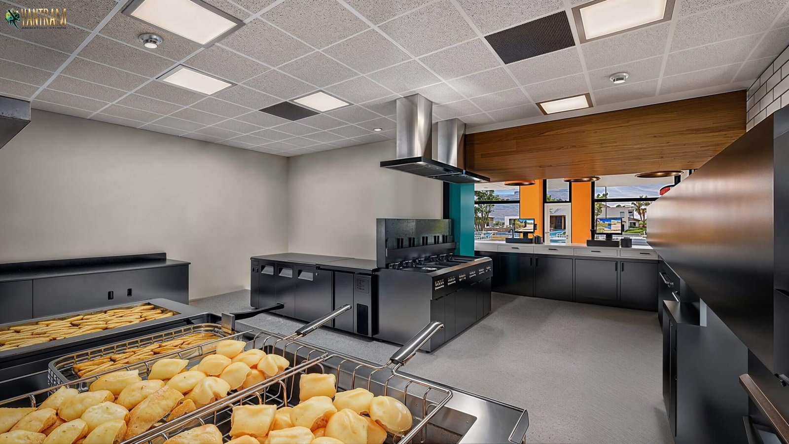 Modern Commercial Kitchen Interior for Quick-Service Restaurant Photorealistic commercial kitchen interior with stainless steel cooking equipment, fryers with food baskets, exhaust hood, prep counters, tiled ceiling, and organized back-of-house layout.