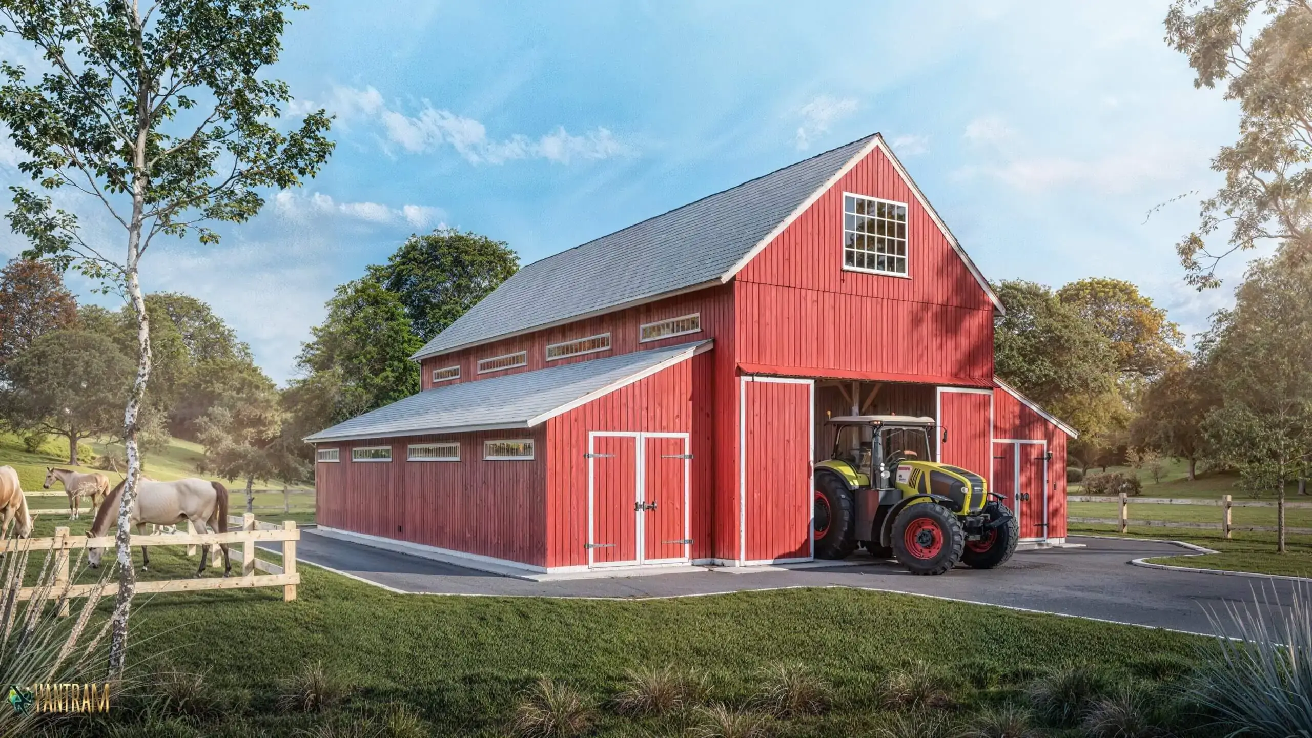 Red barn exterior with tractor, horses grazing nearby, and rural landscape in a photorealistic farm 3D rendering. – 3D visualization by Yantram Studio,