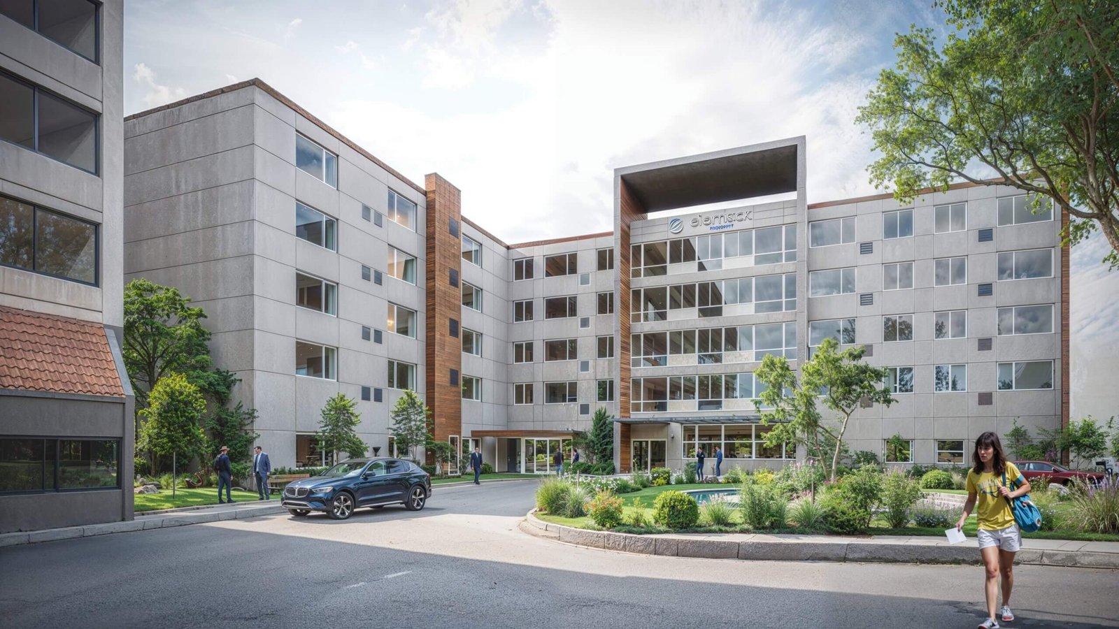 Modern multi-story hospital building exterior with glass façade, landscaped entrance courtyard, and patient drop-off area.