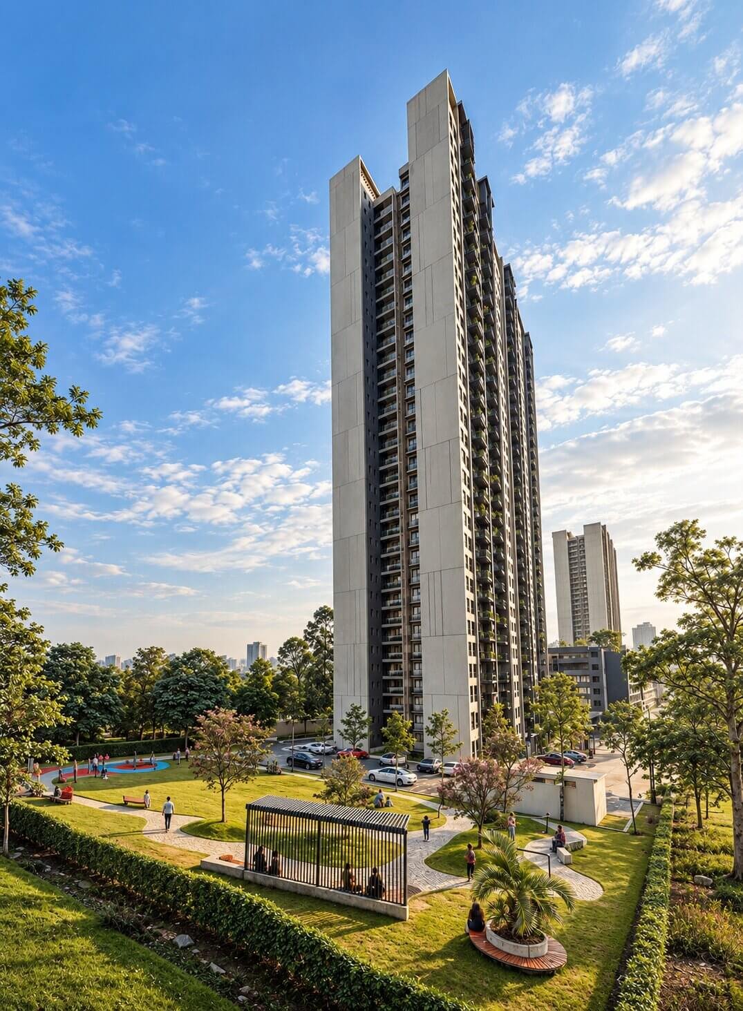 Vertical exterior render of high-rise tower facing landscaped park pavilion and green lawn — 3D Exterior Architectural Visualization