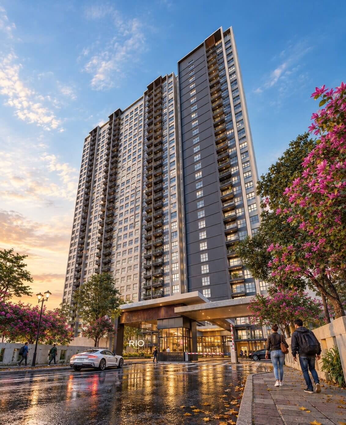 High-angle view of building entrance canopy and glass facade on modern apartment tower — Residential Architecture