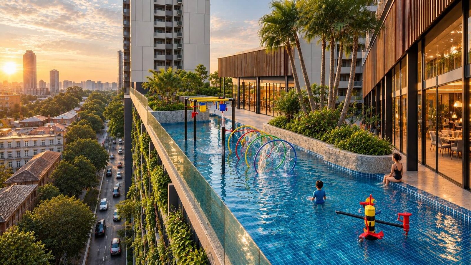 Rooftop residential lap pool with living green wall and lounge area overlooking city skyline — 3D Exterior Architectural Visualization