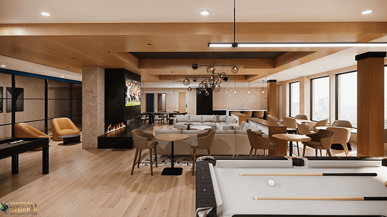 Contemporary lounge interior with wooden ceiling panels, billiards table, modern fireplace, sectional sofa seating, round dining tables, and warm ambient lighting.