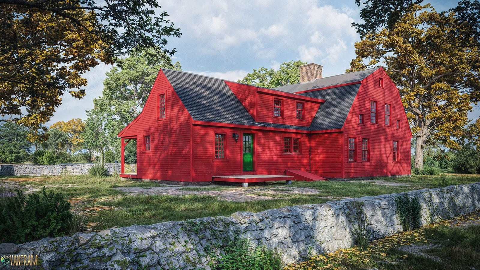 Modern rustic red farmhouse exterior 3D rendering with natural stone landscape and forest background. – 3D rendering by Yantram Studio