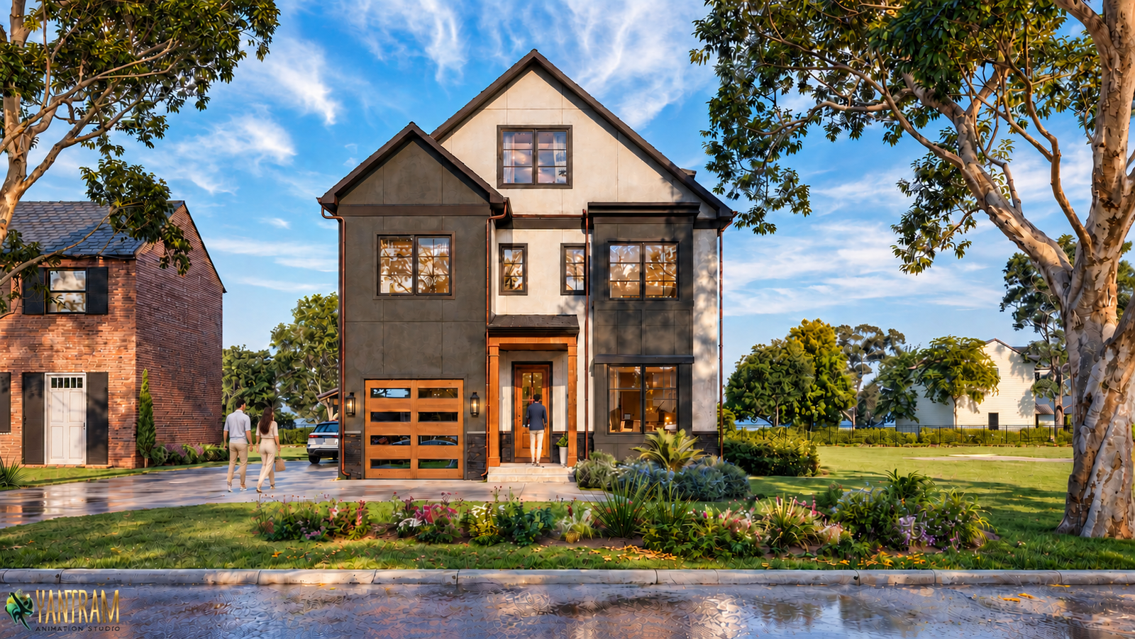 Contemporary two-story suburban home with gabled roof, mixed façade finishes, wooden garage door, landscaped front yard, and tree-lined street – 3D visualization by Yantram Studio,