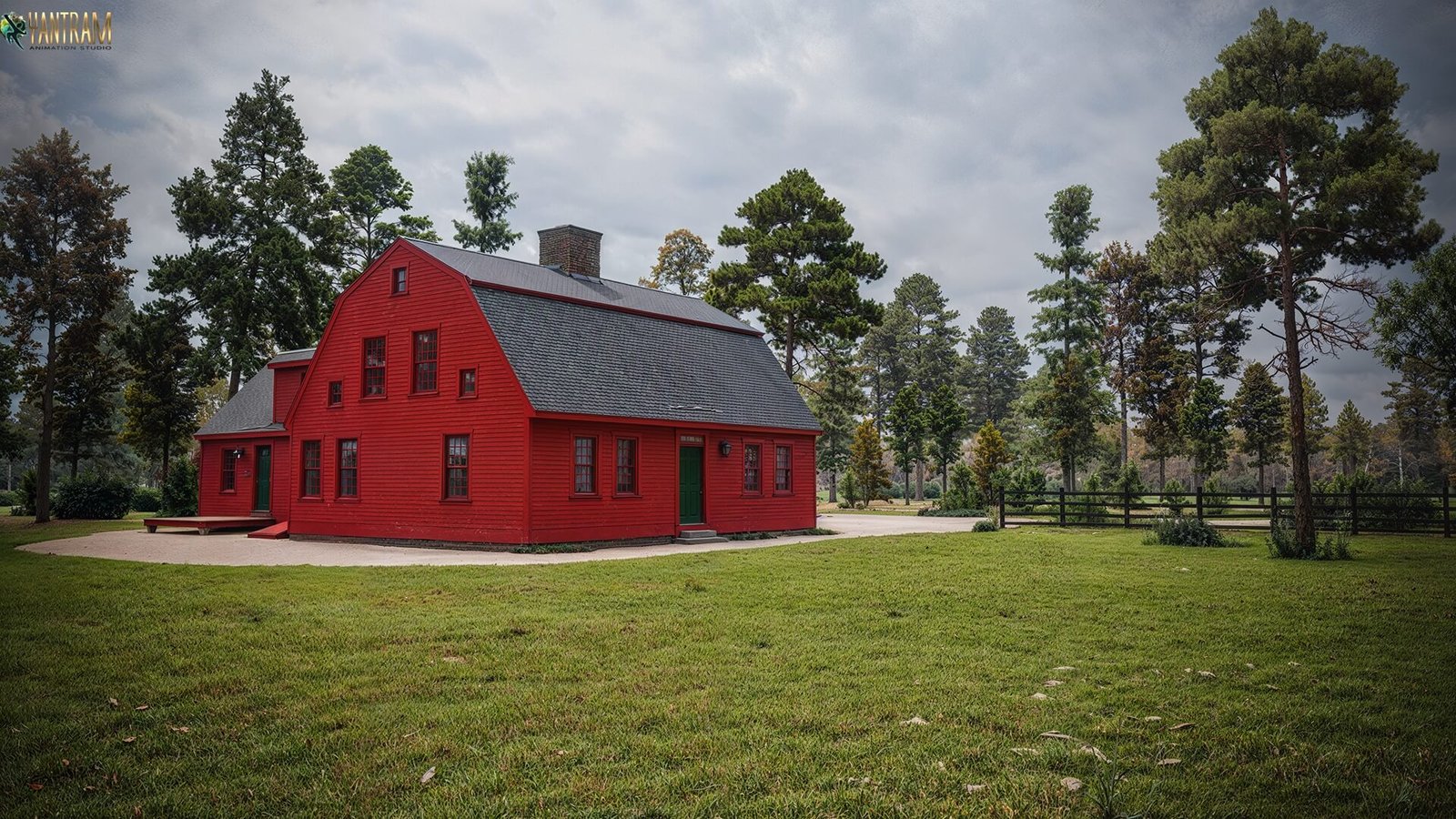 Red barn-style farmhouse exterior 3D rendering surrounded by green lawn and forest trees. – 3D rendering by Yantram Studio