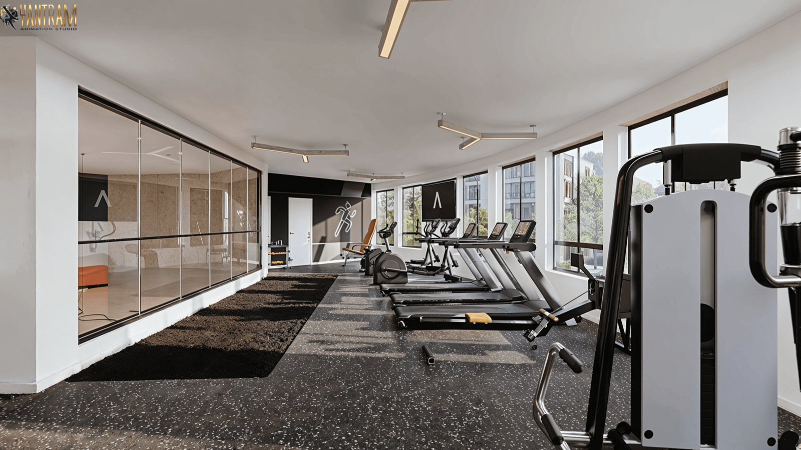 Contemporary Cardio Fitness Studio with Glass Partition Modern gym interior with row of treadmills, glass partition wall, rubber flooring, strength machine in foreground, and large windows providing natural light.