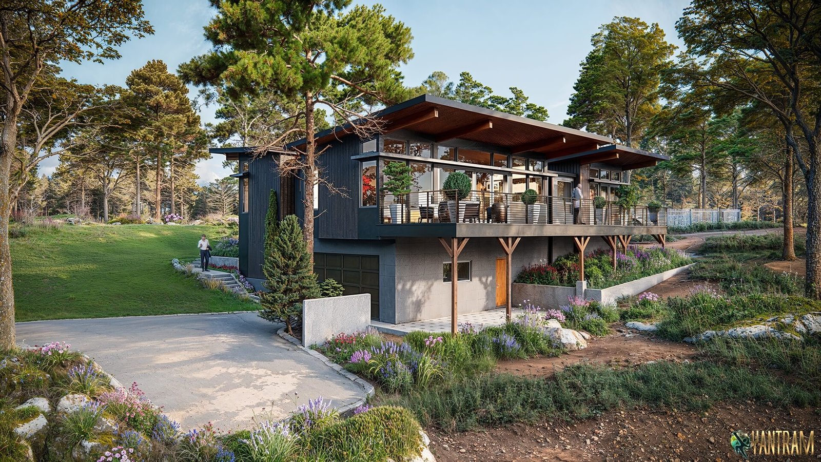 Contemporary forest home with elevated deck, large glass windows, flat roof design, landscaped garden, and wooded natural surroundings.