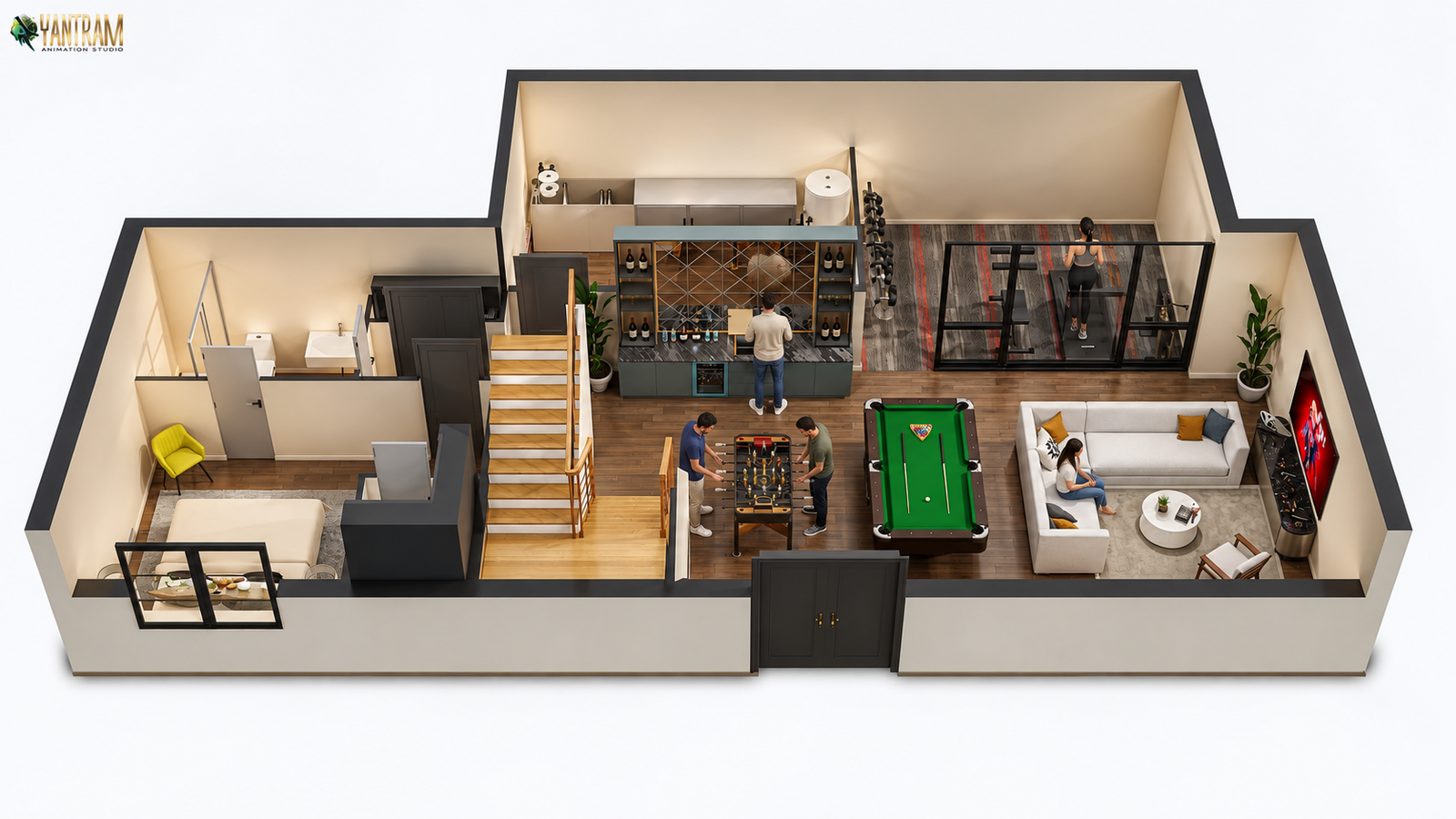 First-floor residential rendering showing entry, stairs, living room and kitchen configuration — Architectural Floor Layouts
