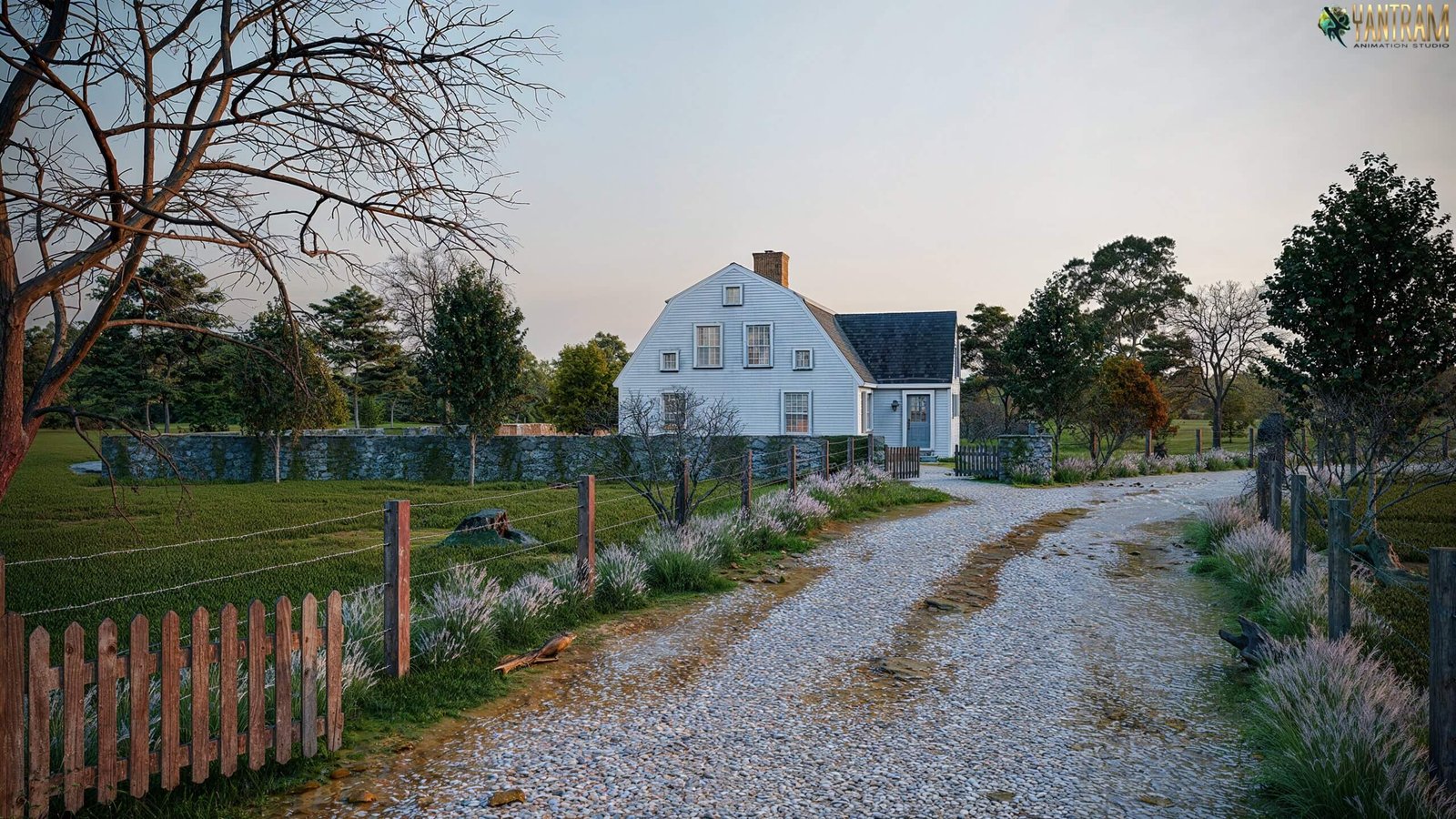 Photorealistic rural farmhouse exterior 3D rendering with gravel driveway, wooden fence, and natural countryside landscape. – 3D architectural visualization by Yantram Studio