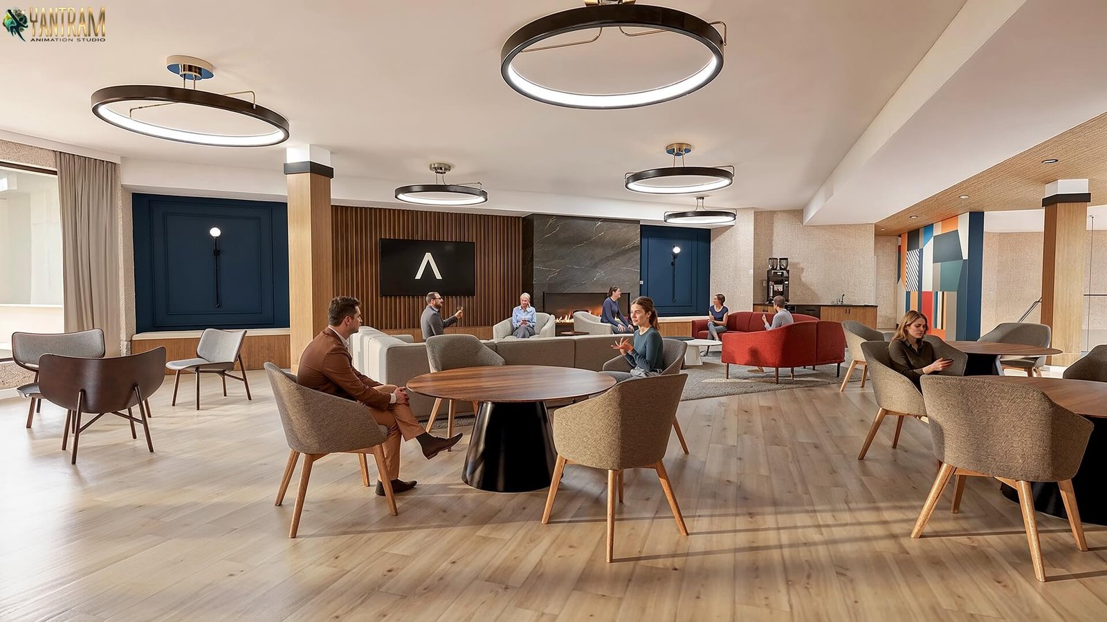 Contemporary Community Lounge with Circular Pendant Lighting Modern open-plan lounge interior with round dining tables, upholstered chairs, circular pendant lights, wood flooring, and relaxed social seating areas.