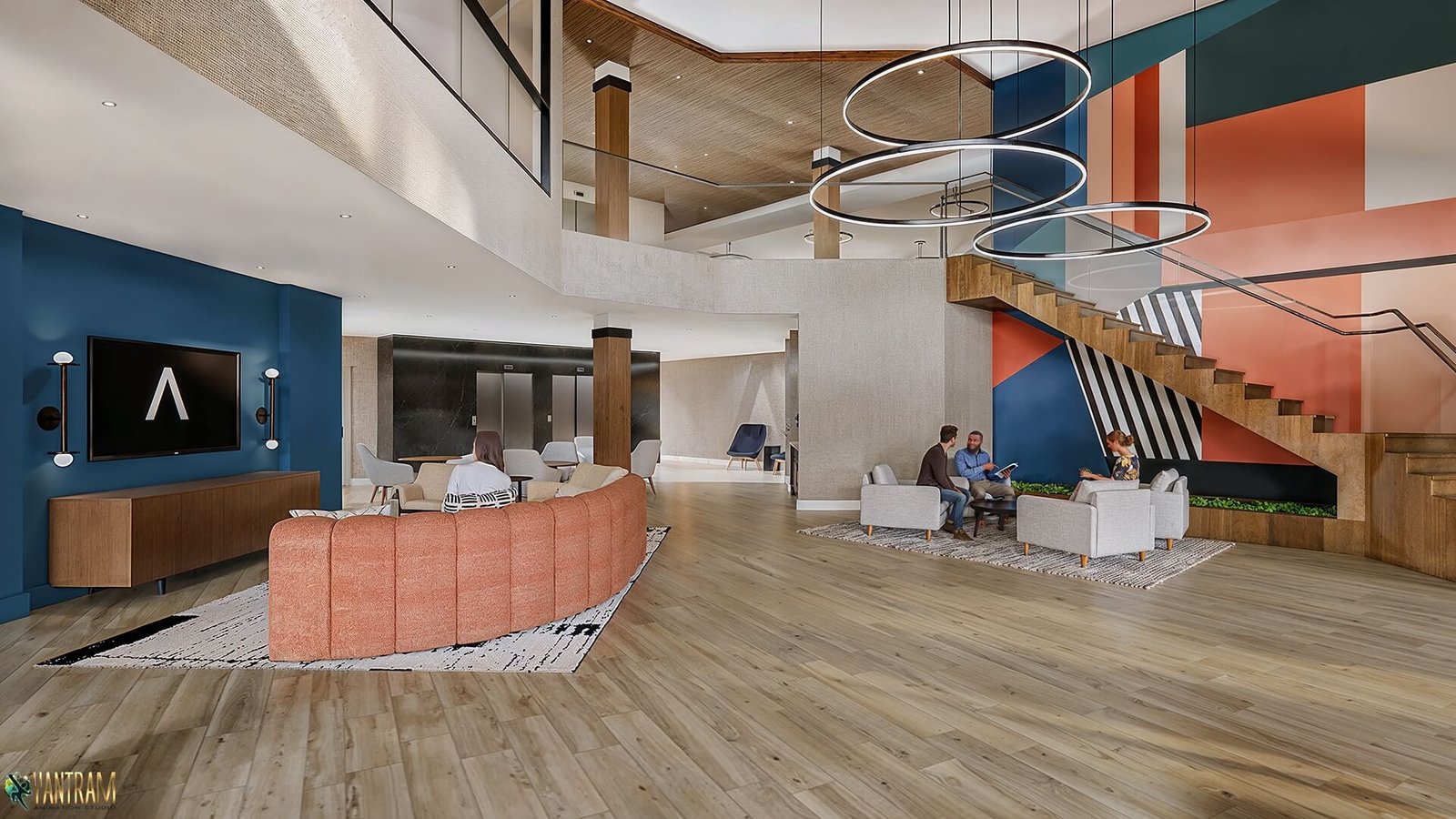 Contemporary Double-Height Lobby with Sculptural Staircase Modern double-height lobby interior with curved sofa, wood flooring, sculptural staircase, circular pendant lights, and lounge seating areas.