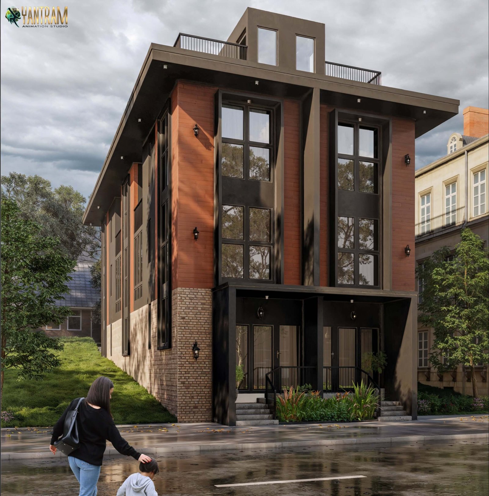 Modern three-story residential building with wood and brick façade, large black-framed windows, rooftop terrace, and covered entrance on a rainy urban street.