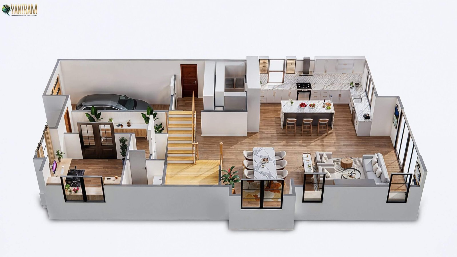 Ground-floor home plan with open living spaces, kitchen island and bedroom placement — Residential Floor Design Visualization