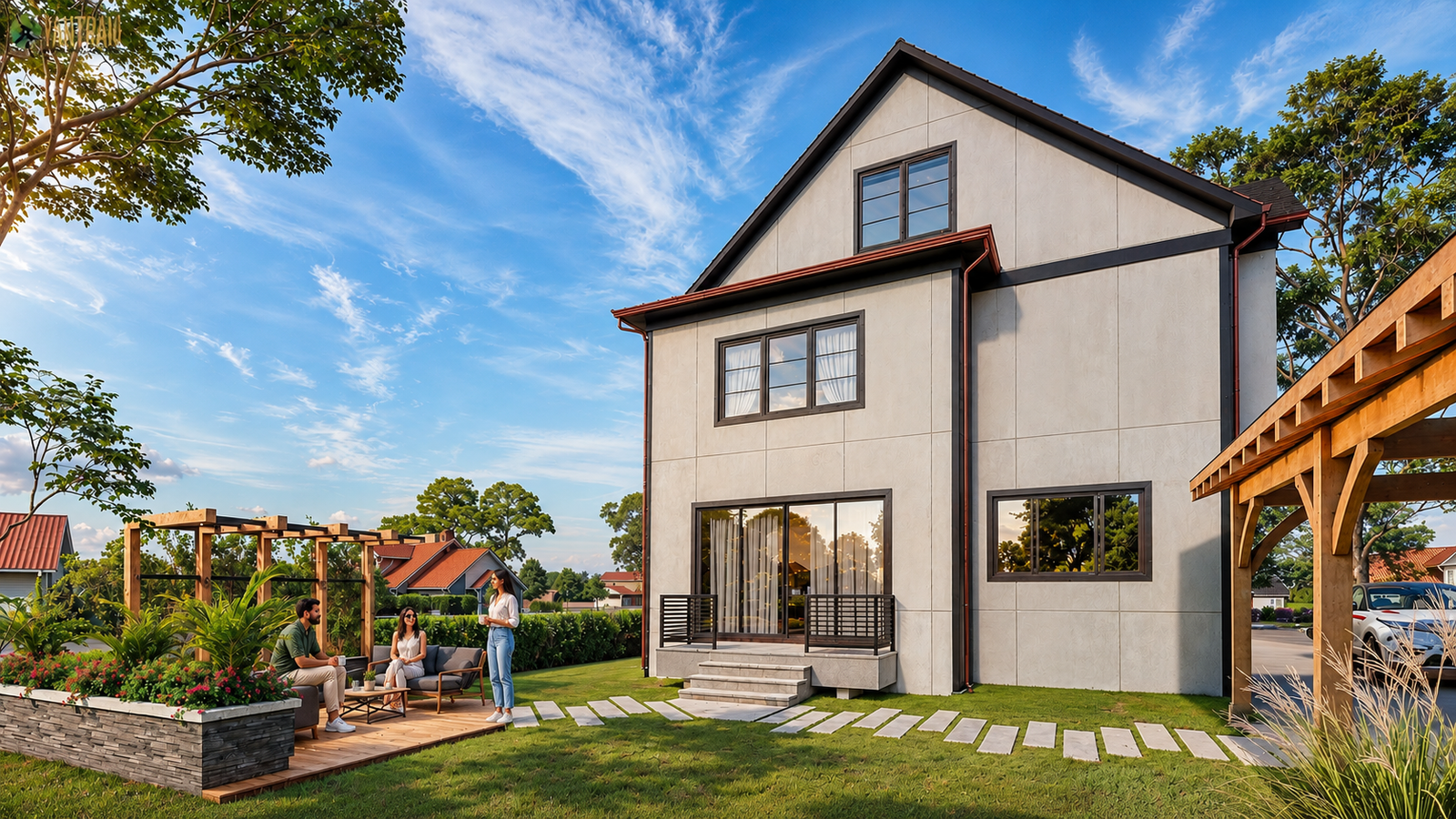 Contemporary two-story home with gabled roof, backyard wooden deck, pergola seating area, landscaped garden, and sliding glass doors. – 3D exterior rendering by Yantram Studio