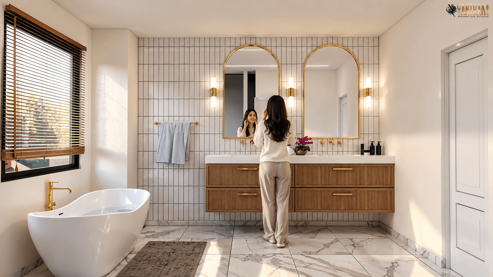 Contemporary bathroom with freestanding bathtub, double wooden vanity, gold-framed mirrors, wall sconces, and marble flooring. – 3D architectural visualization by Yantram Studio