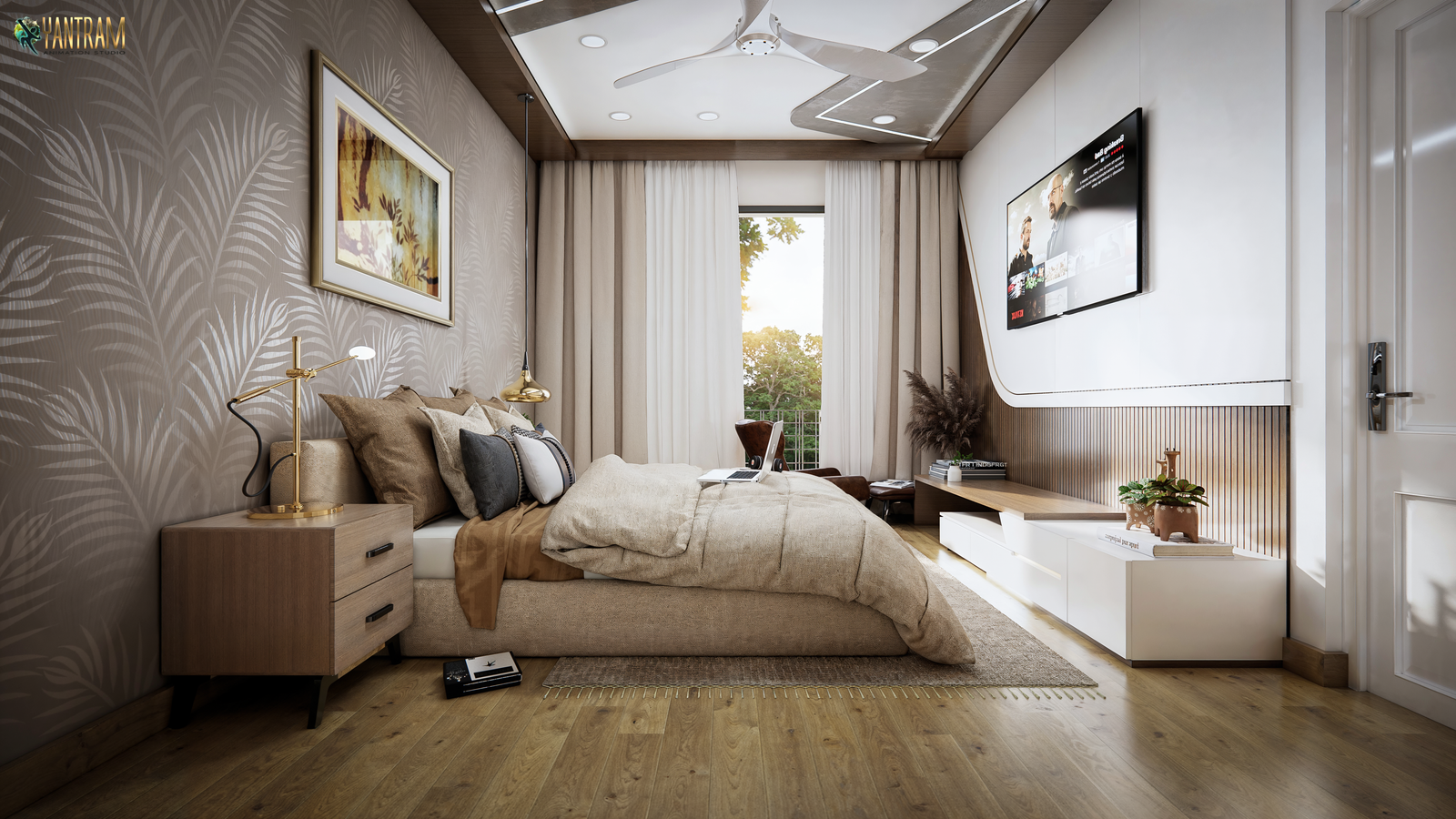 Modern Minimalist Bedroom with Warm Neutral Palette Contemporary bedroom interior with upholstered bed, wooden flooring, bedside tables with lamps, wall-mounted TV unit, ceiling fan, and soft natural daylight through curtains.