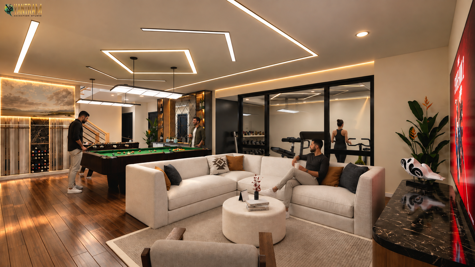 Contemporary entertainment room with sectional sofa, billiards table, glass-partitioned gym area, wooden flooring, and modern ceiling lighting. – 3D visualization by Yantram Studio