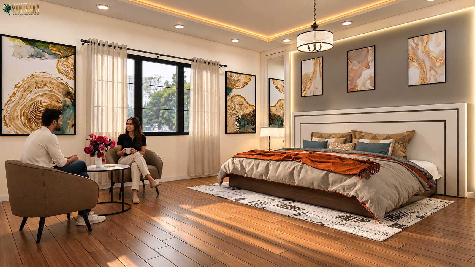 Modern bedroom with upholstered bed, wooden flooring, bedside lamps, study desk, and large window with natural light. – 3D rendering by Yantram Studio